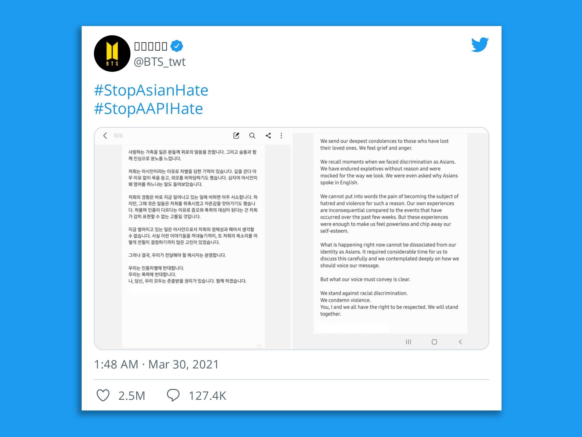 Twitter Reveals BTS's #StopAsianHate Tweet Was Most Retweeted