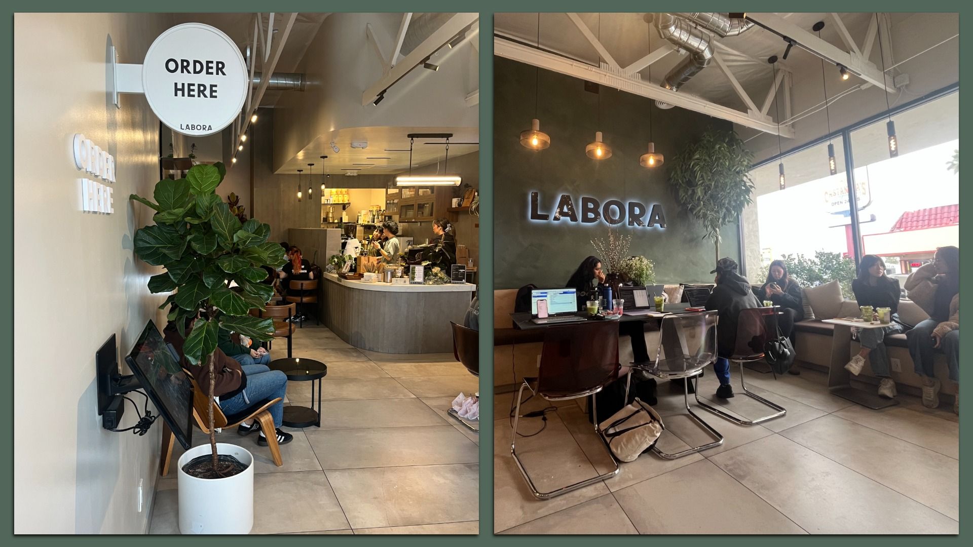 Bright, industrial coffee shop with a green wall reading LABORA, pendant lights, patrons working on laptops, and a white 'ORDER HERE' sign over a counter with baristas. Potted plants and natural light.