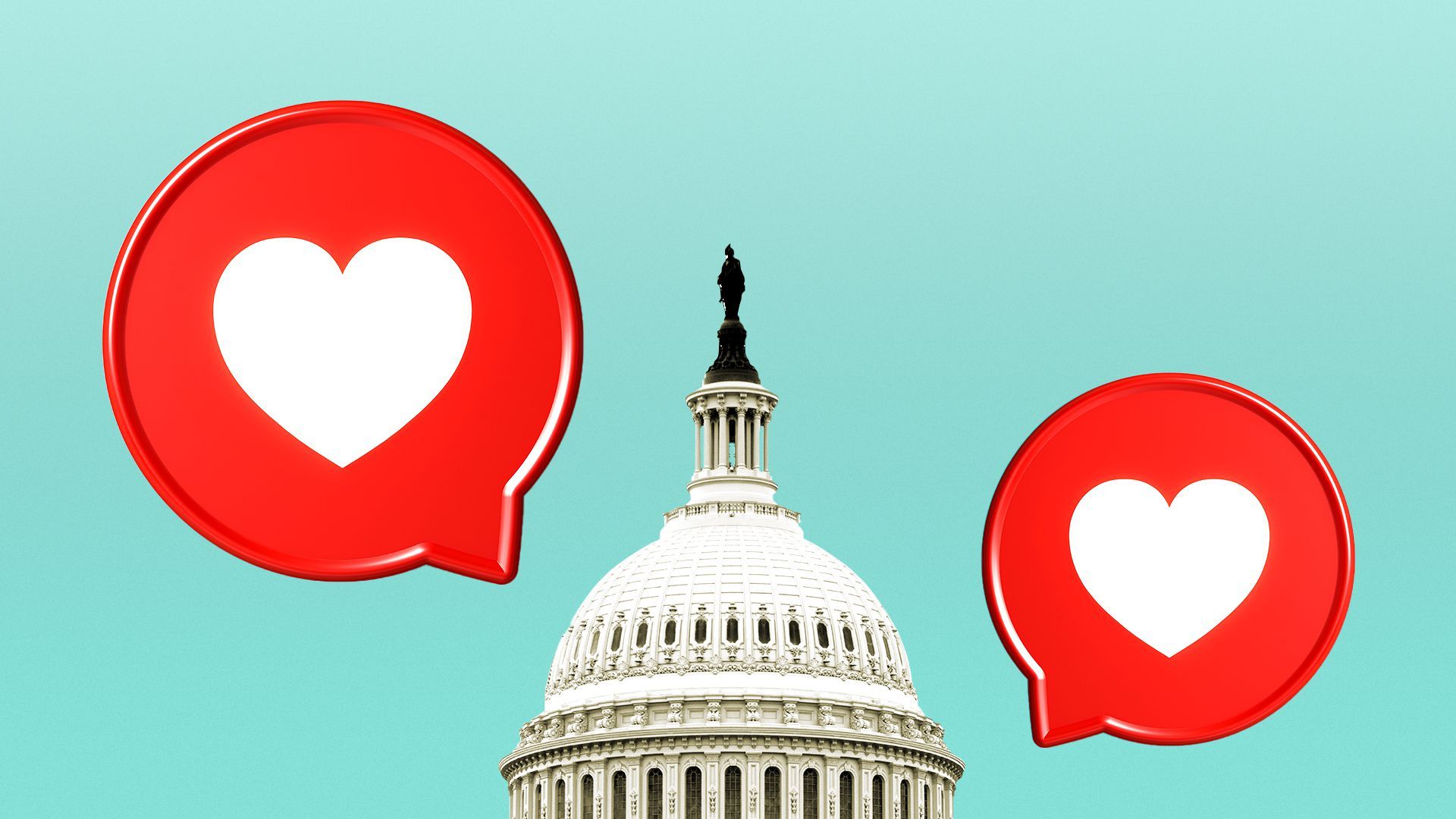 Illustration of heart emojis hovering of the Capitol building