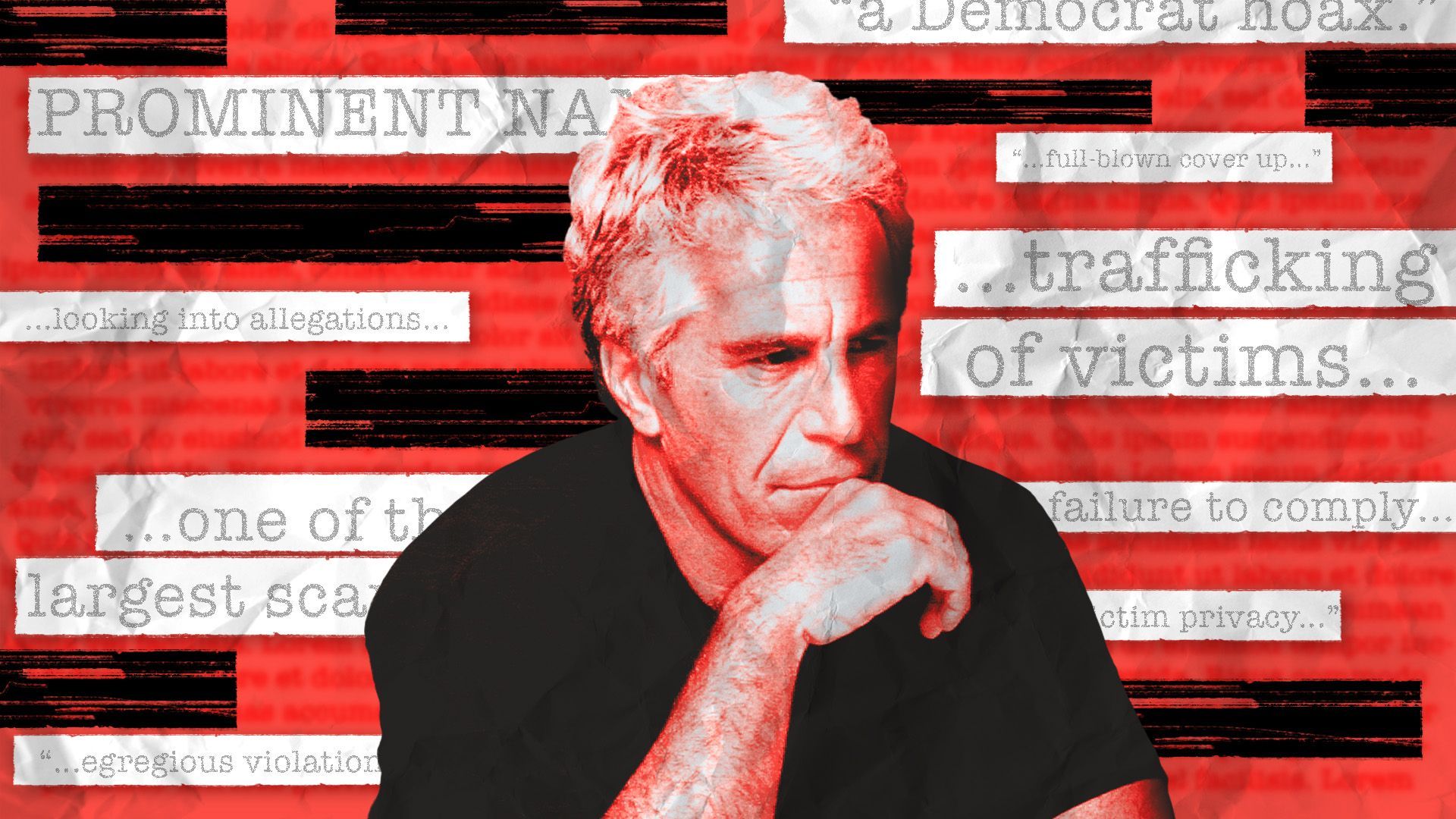 Photo illustration of Jeffrey Epstein with various words from torn slips of paper behind him