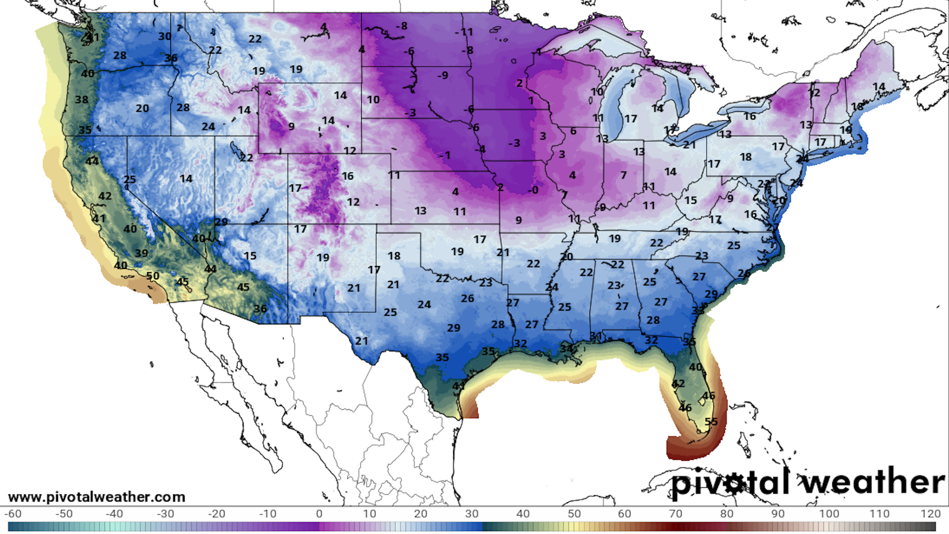 Map showing forecast minimum temperatures on Jan. 7 as Arctic air moves into the U.S. Lows will be below zero for much of the Upper Midwest into Mississippi River Valley, along with northern New England.
