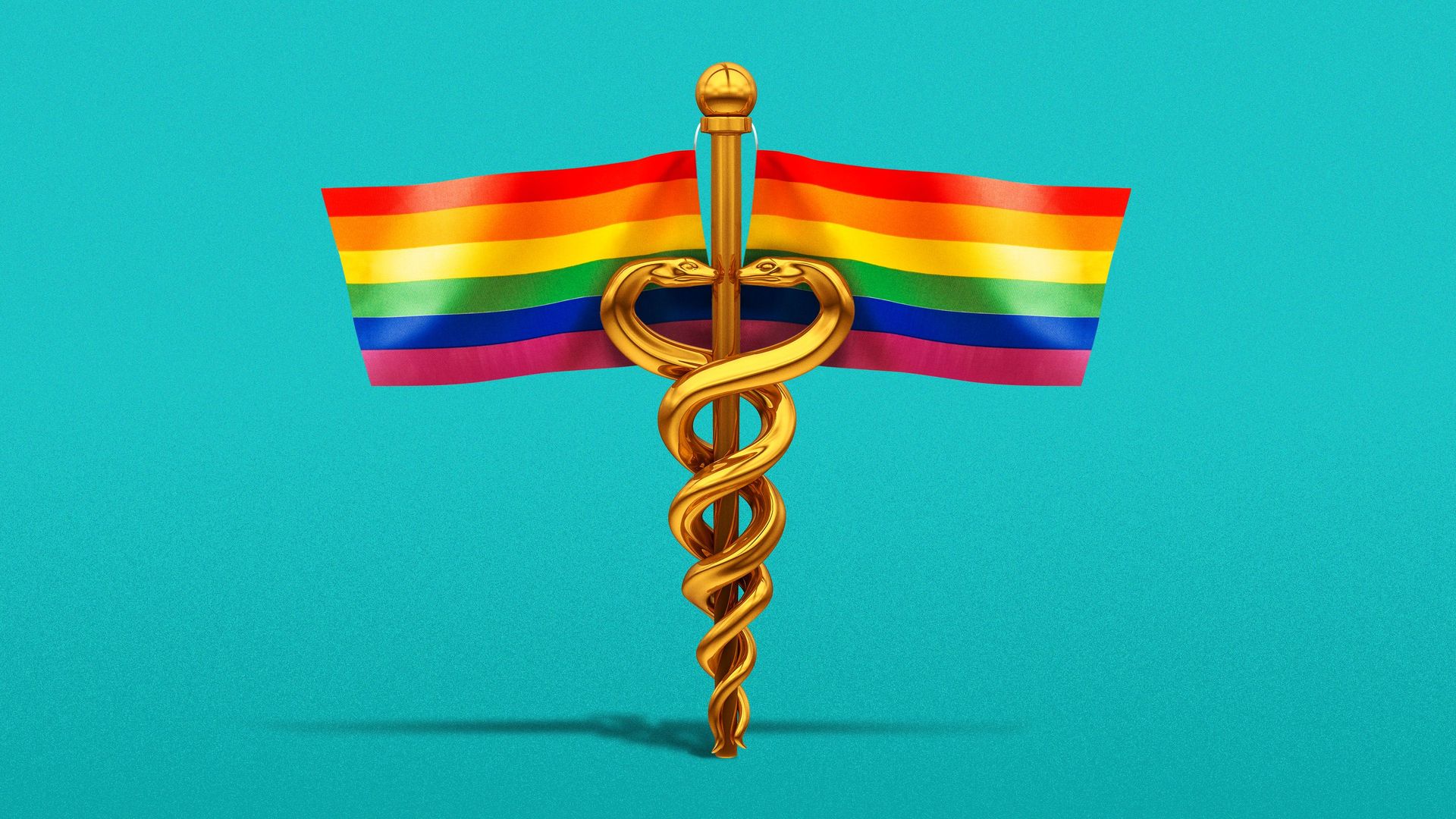 Illustration of a caduceus with two Pride flags as the wings. 
