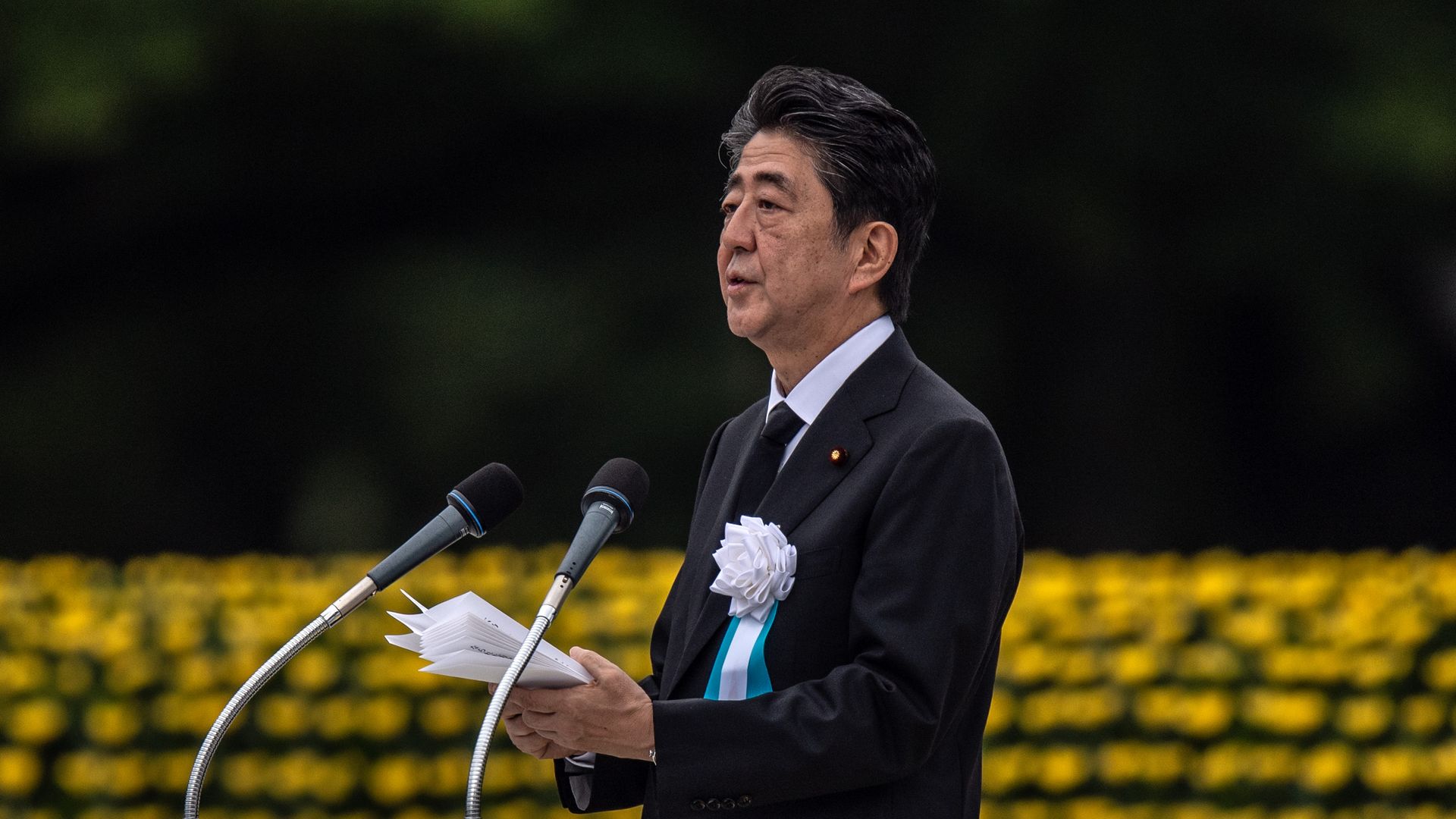 Japanese Prime Minister, Shinzo Abe, makes a speech during the 75th anniversary of the Hiroshima atomic bombing, on August 6, 2020 in Hiroshima, Japan.