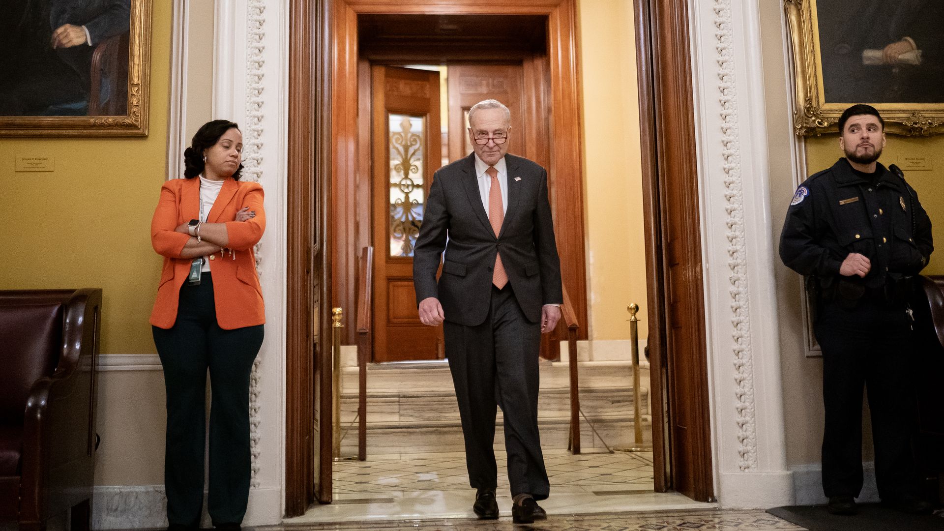 U.S. Senate Majority Leader Charles Schumer (D-NY) departs the Senate Chambers on March 23, 2024 in Washington, DC.