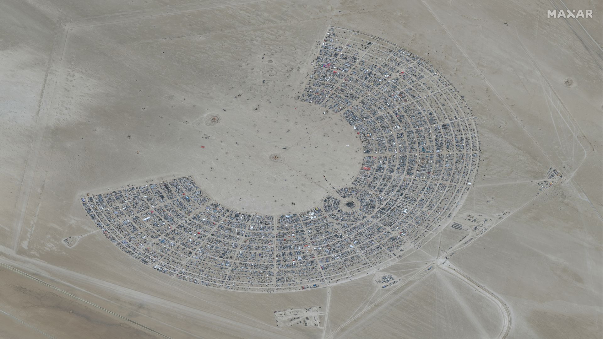 An overview of the 2023 Burning Man Festival in Black Rock, Nevada, on Aug. 28.