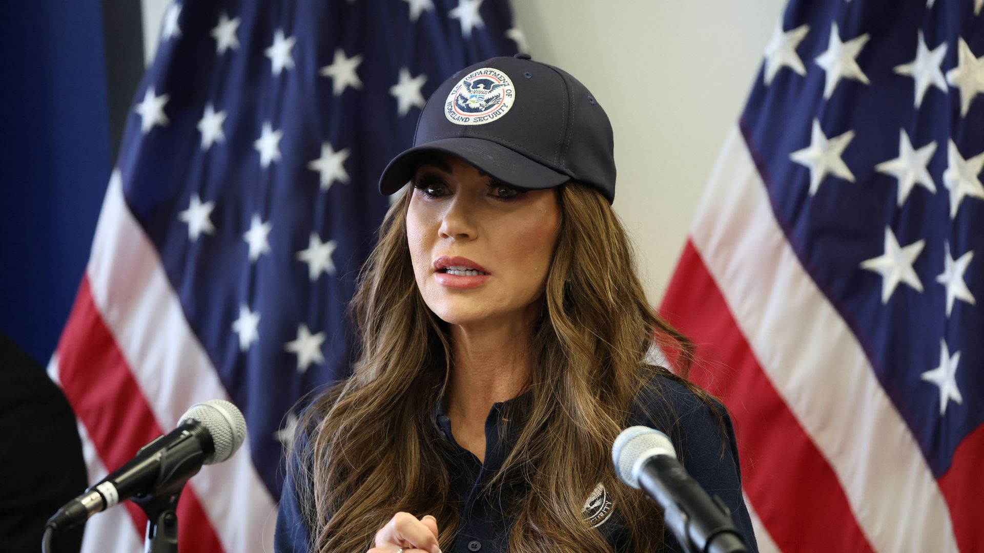 US Department of Homeland Security Secretary Kristi Noem speaks during a news conference at the Wilshire Federal Building in Los Angeles on June 12, 2025. US President Donald Trump said Thursday that Los Angeles was "safe and sound" for the past two nights, crediting his deployment of thousands of t