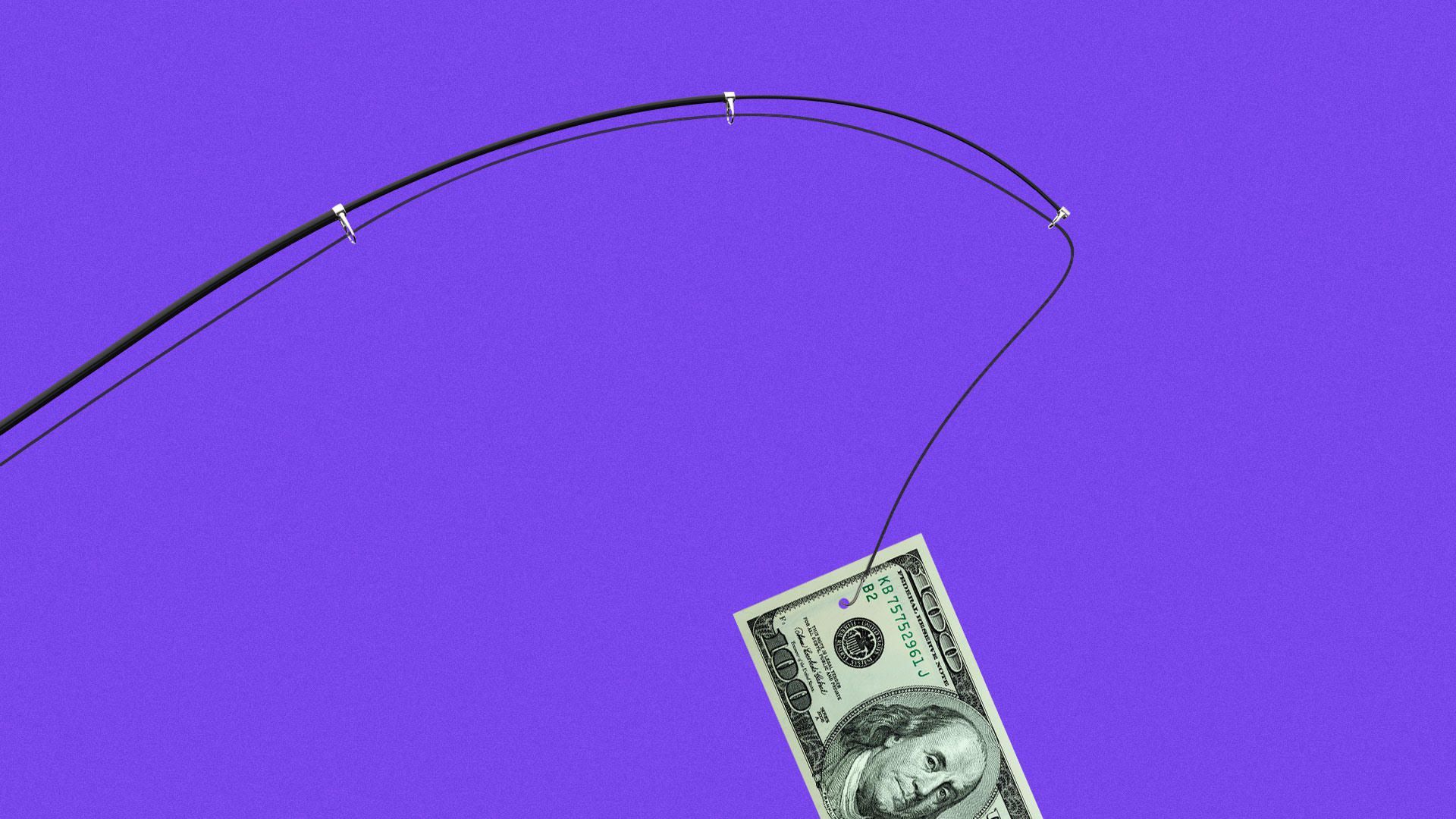 Illustration of a fishing pole with $100 bill.