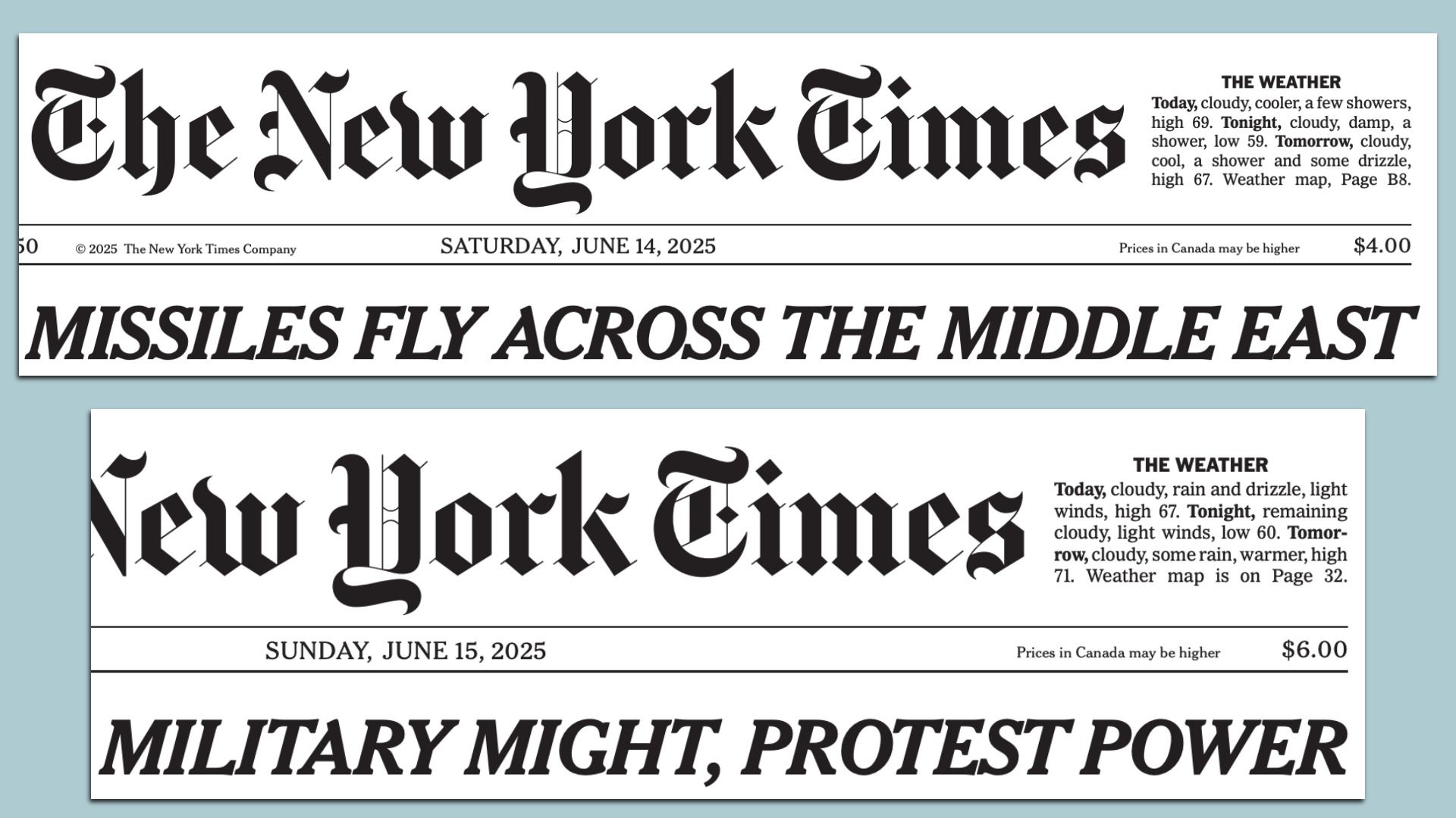 Weekend for the books: New York Times headlines yesterday and today. 