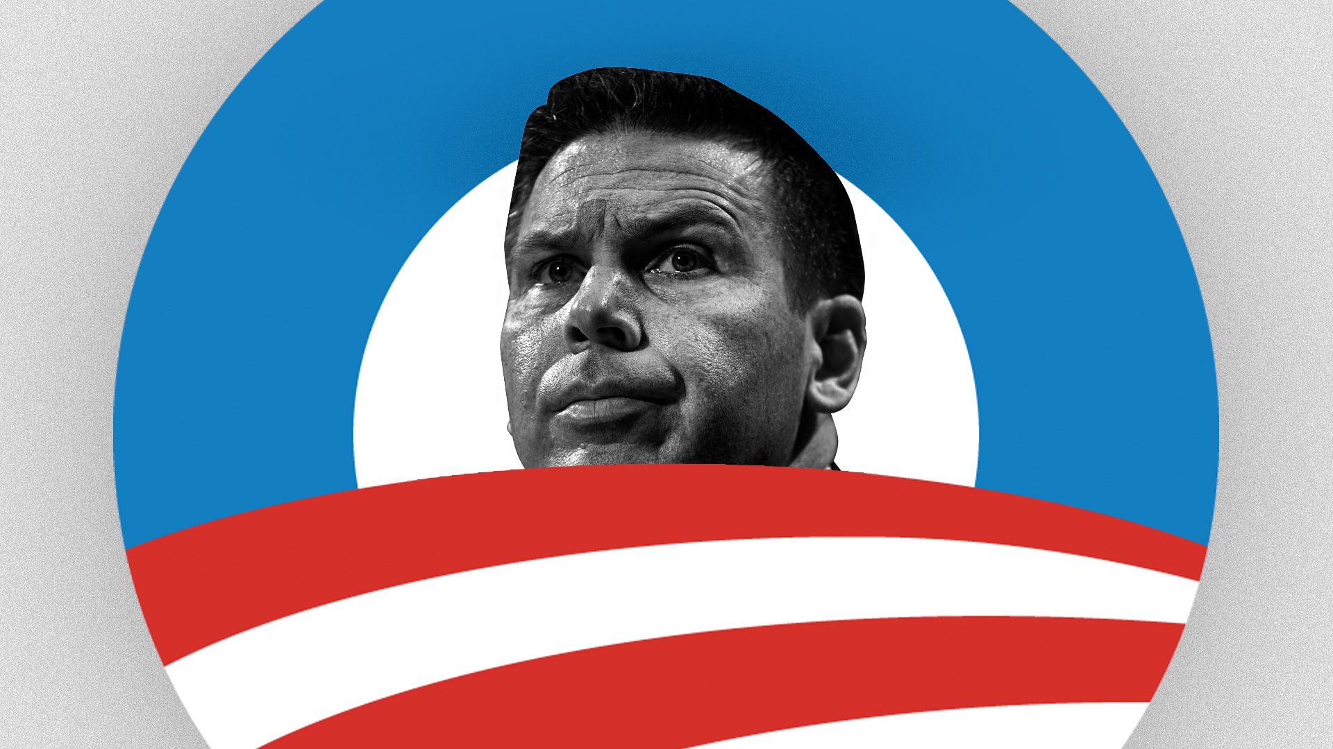 illustration of Kevin McAleenan emerging from an Obama campaign logo