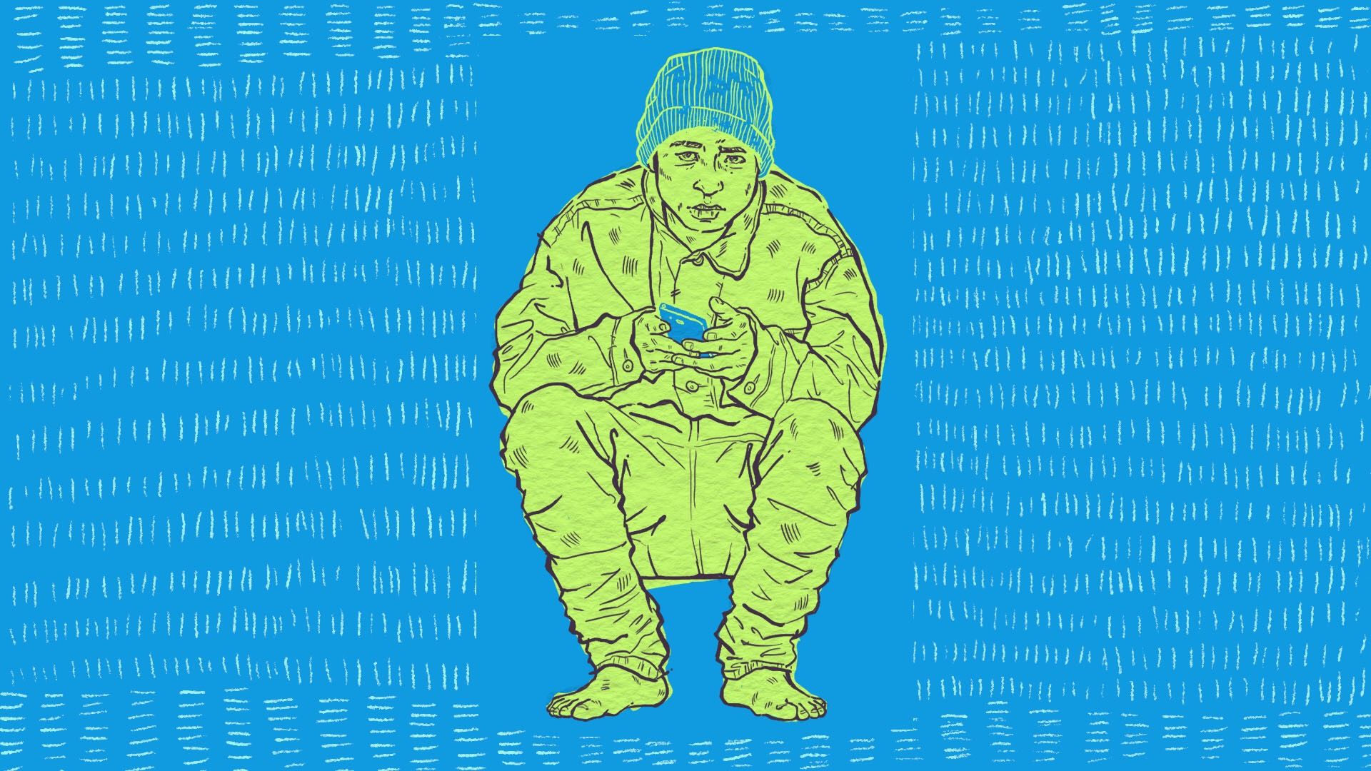 A blue and green illustration of a concerned refugee