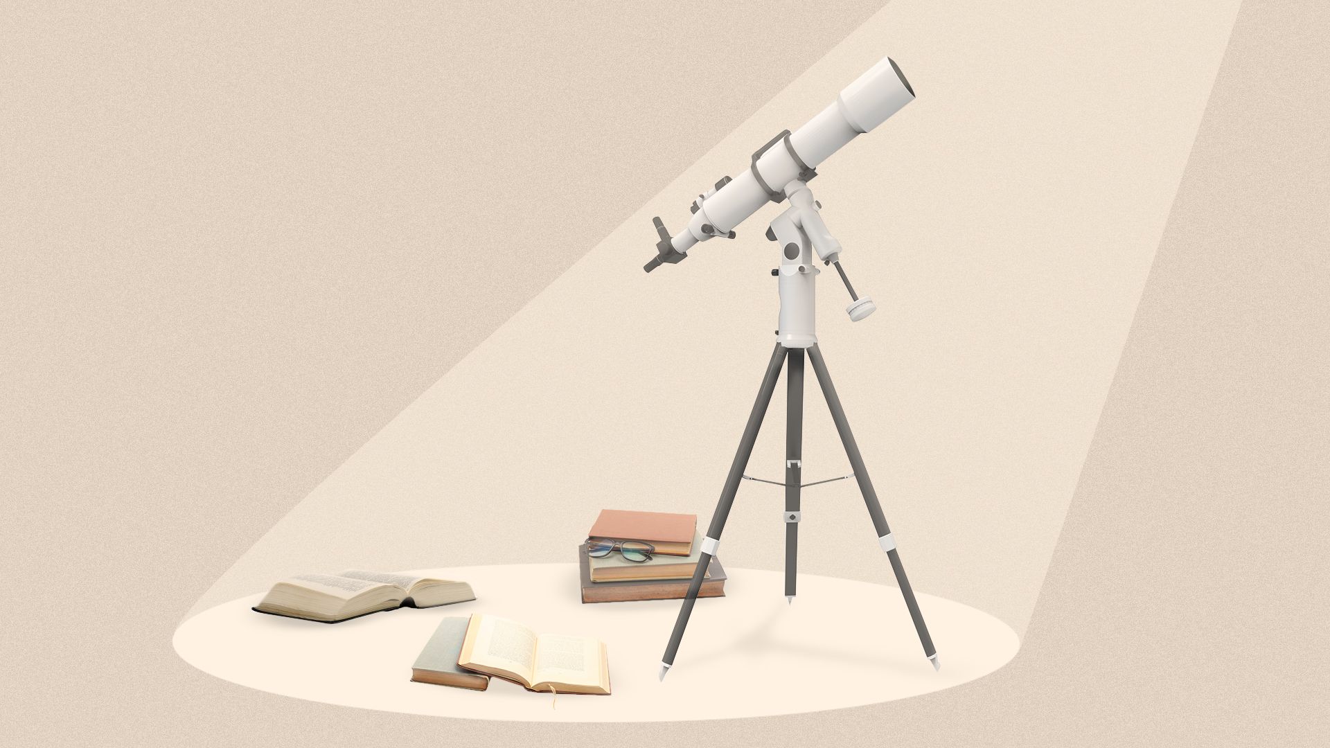 Illustration of a telescope and open books in a spotlight.
