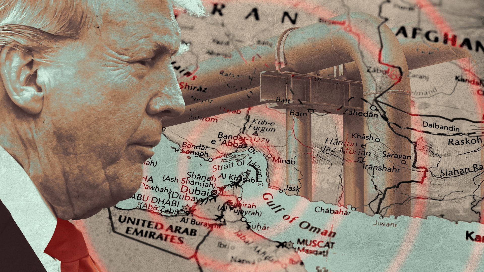 Illustration of President Trump in profile overlooking a map of the Middle East featuring the Strait of Hormuz and an image of an oil pipeline