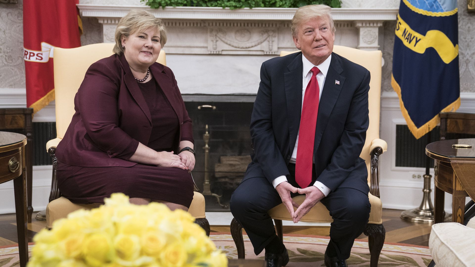 President Trump is seen meeting with Norwegian Prime Minister Erna Solberg in the Ovai Office in 2018.