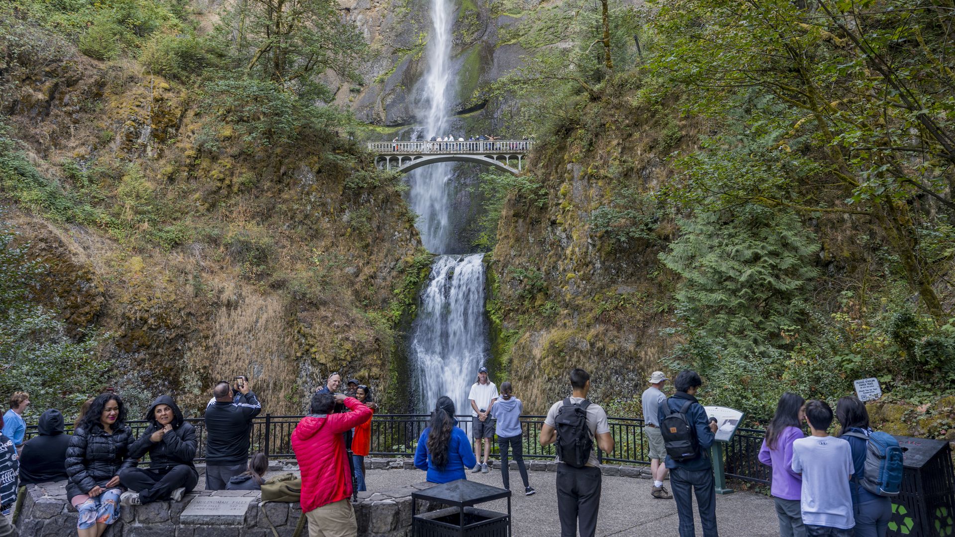 A gourp of people stand at the base of Multnomah Falls taking pictures and looking at the towering cascade.