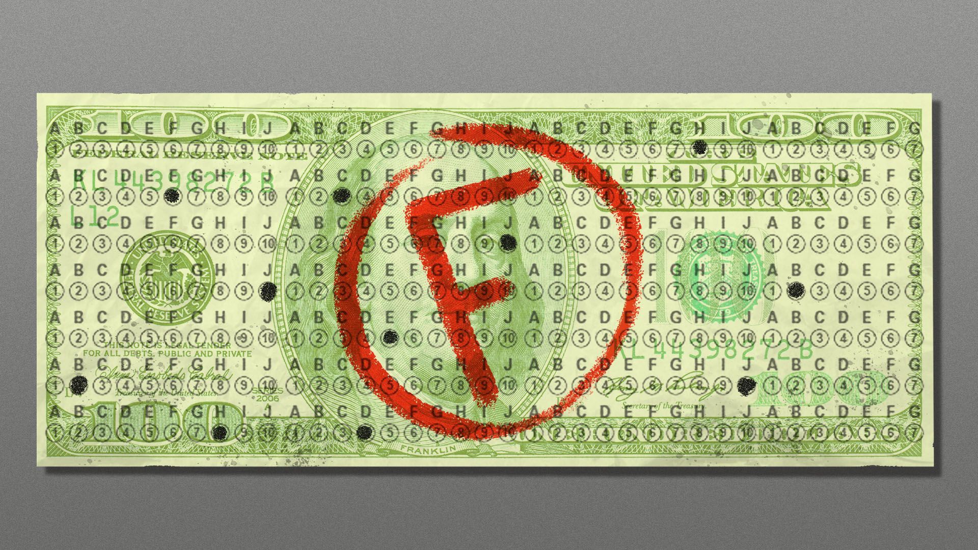 Illustration of a hundred dollar bill as a standardized test with an F on it.