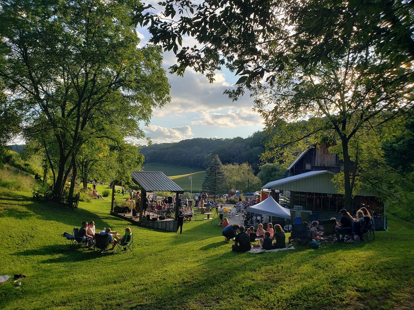 people gather at the pizza farm on the lawn