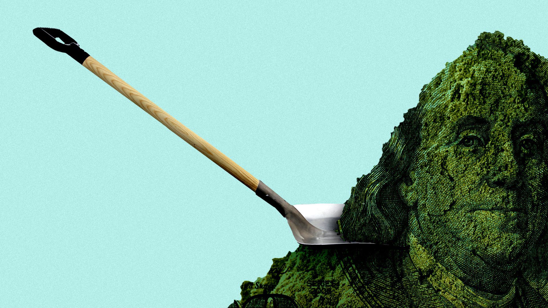 Illustration of shovel in a dirt pile with Ben Franklin's face.