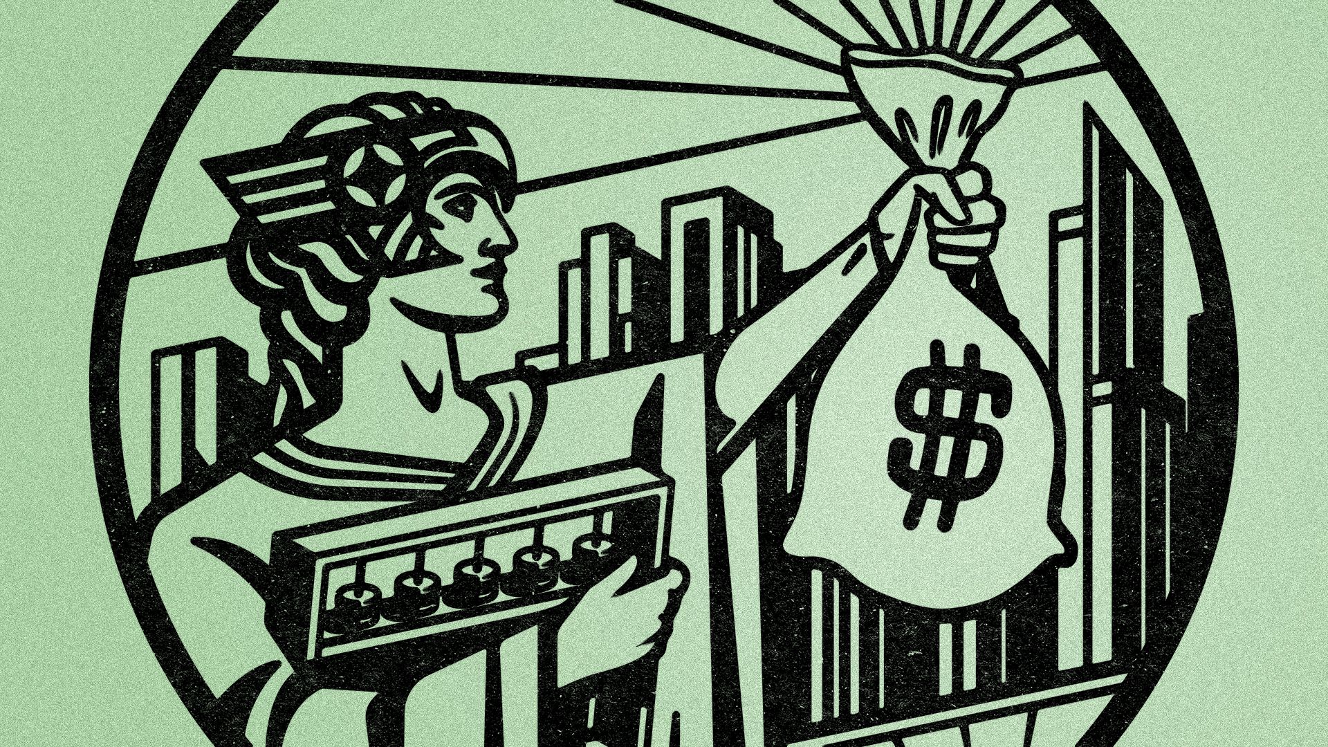 Illustration of the Andreessen Horowitz logo, with an art deco style statue holding an abacus and a bag of cash, rather than a sphere.