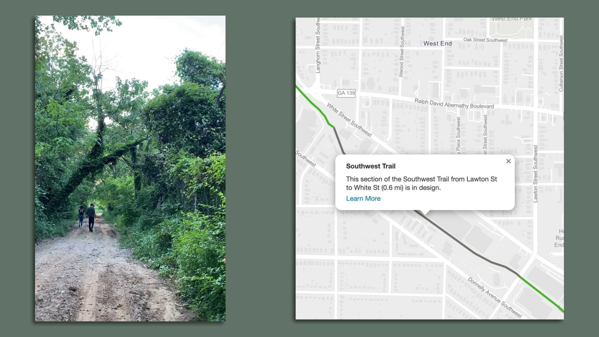 Individuals walk along a dirt path sandwiched by green foliage and a bent tree and a map of southwest Atlanta with a box marking a half-mile segment planned for design and construction