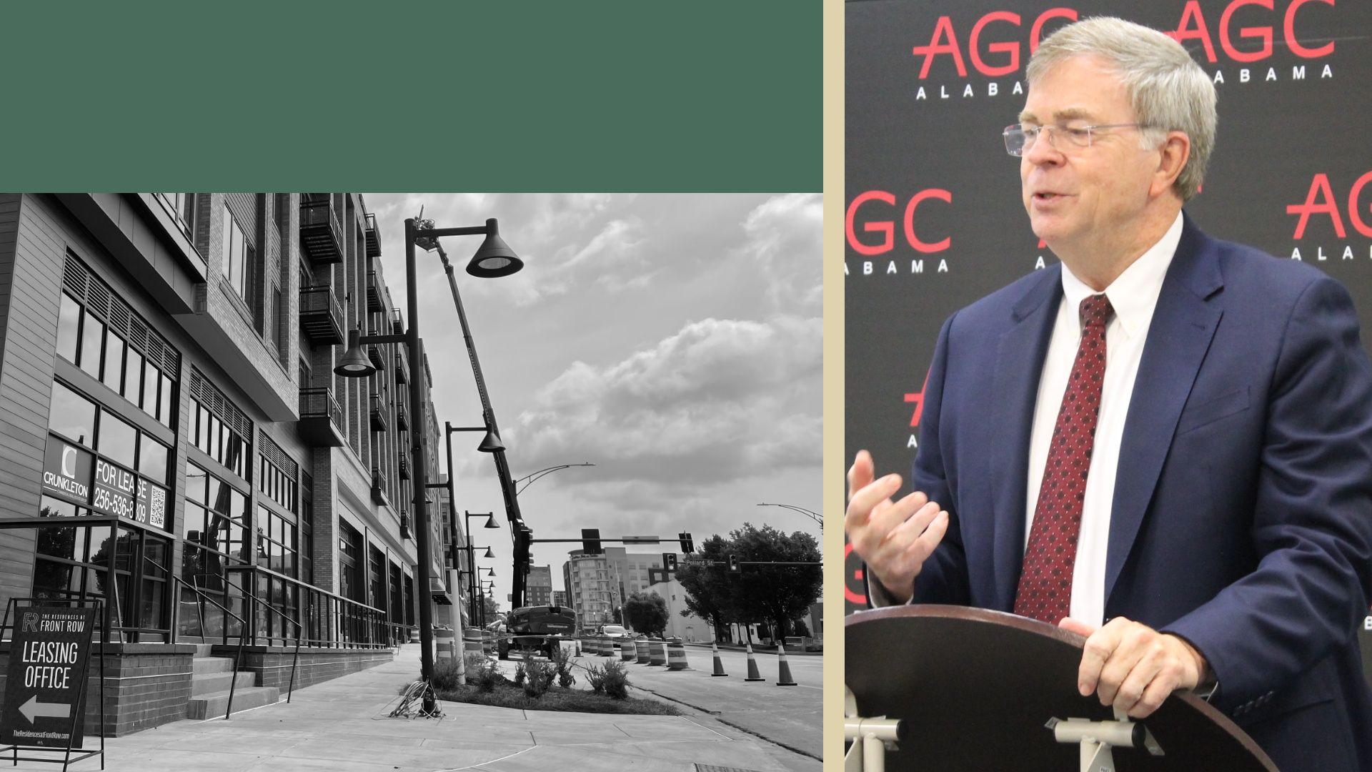 Split image: left black-and-white city street with brick buildings and a leasing sign; right gray-haired man in a navy suit and red tie speaking at a podium with an AGC backdrop.