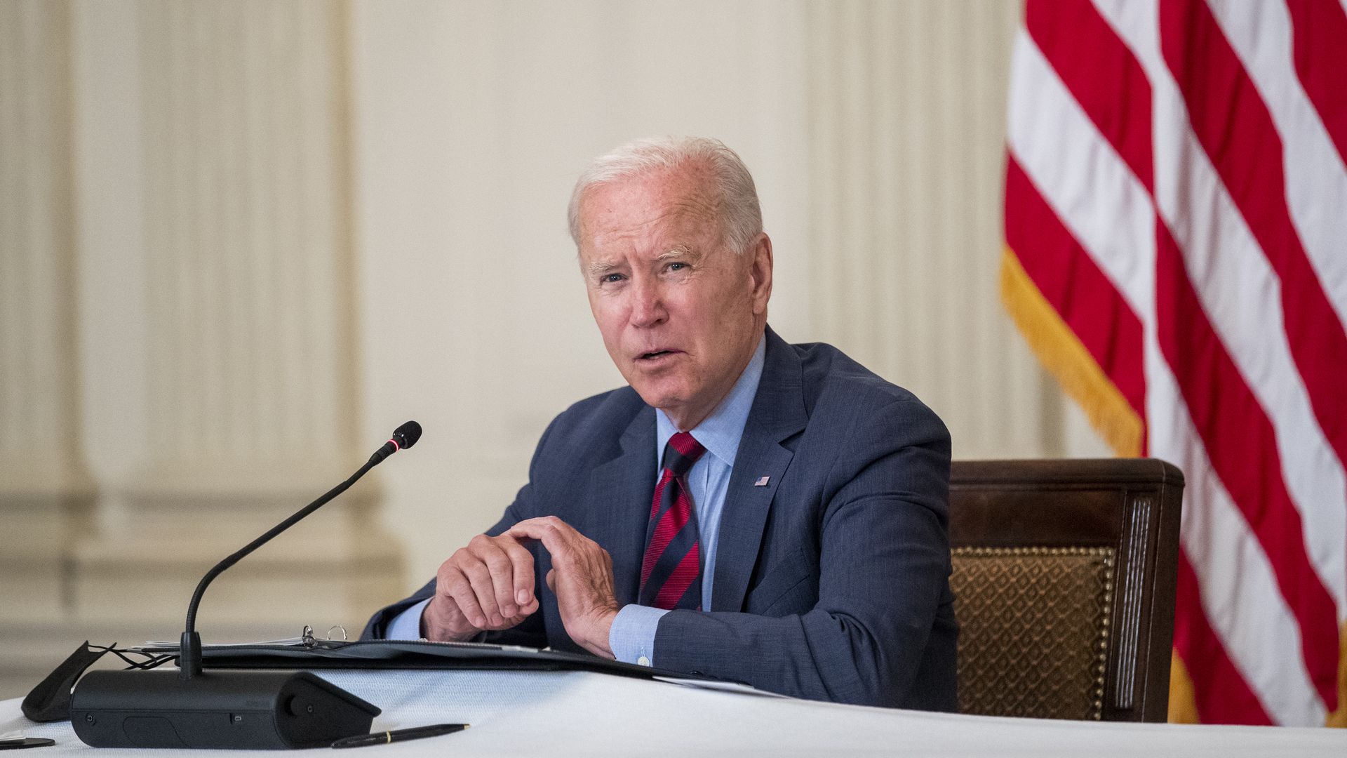 President Joe Biden speaks while meeting with Latino community leaders in the State Dining Room of the White House in Washington.