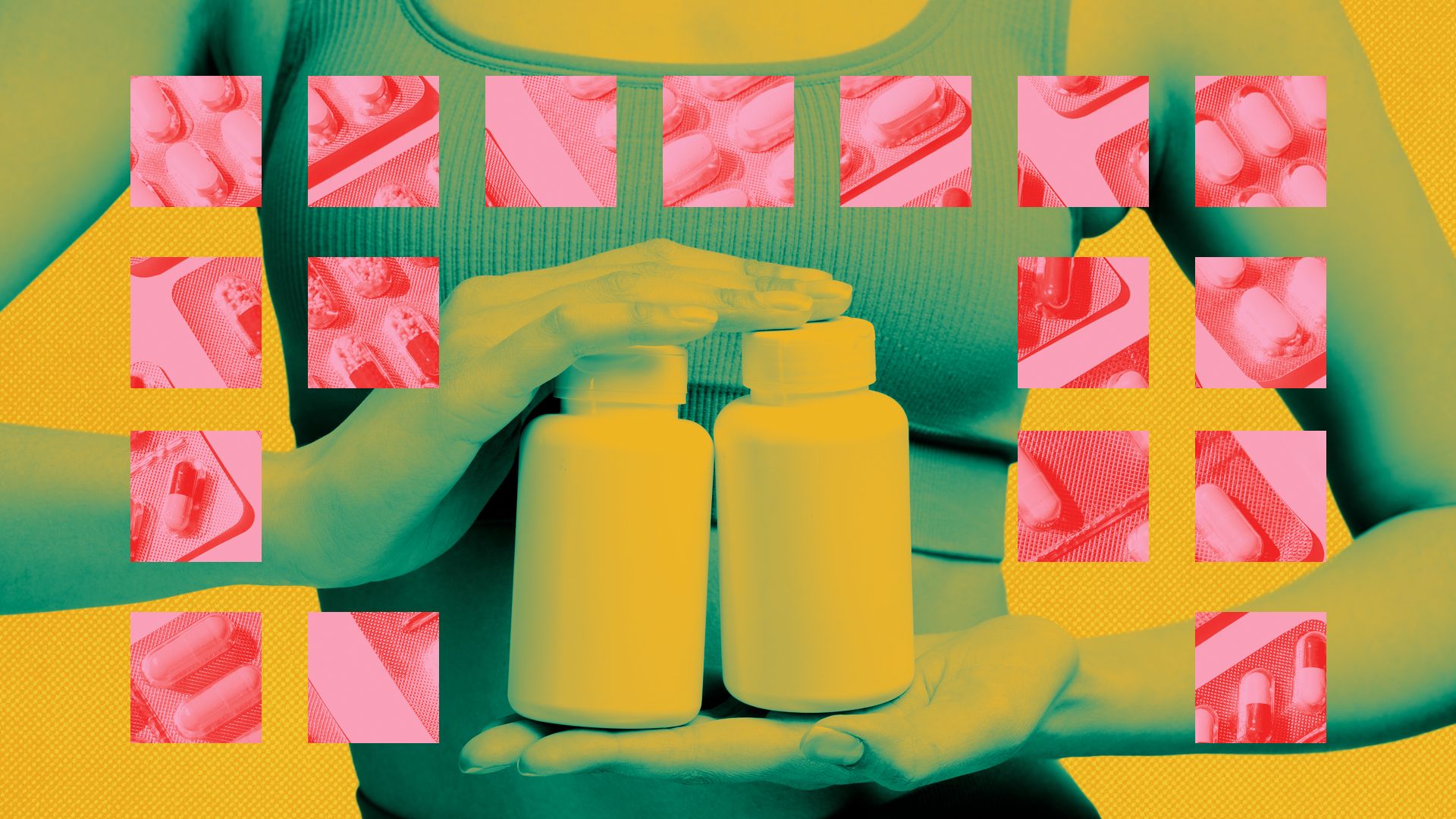 Illustration of a woman holding a bottle of vitamins, surrounded by pill imagery. 