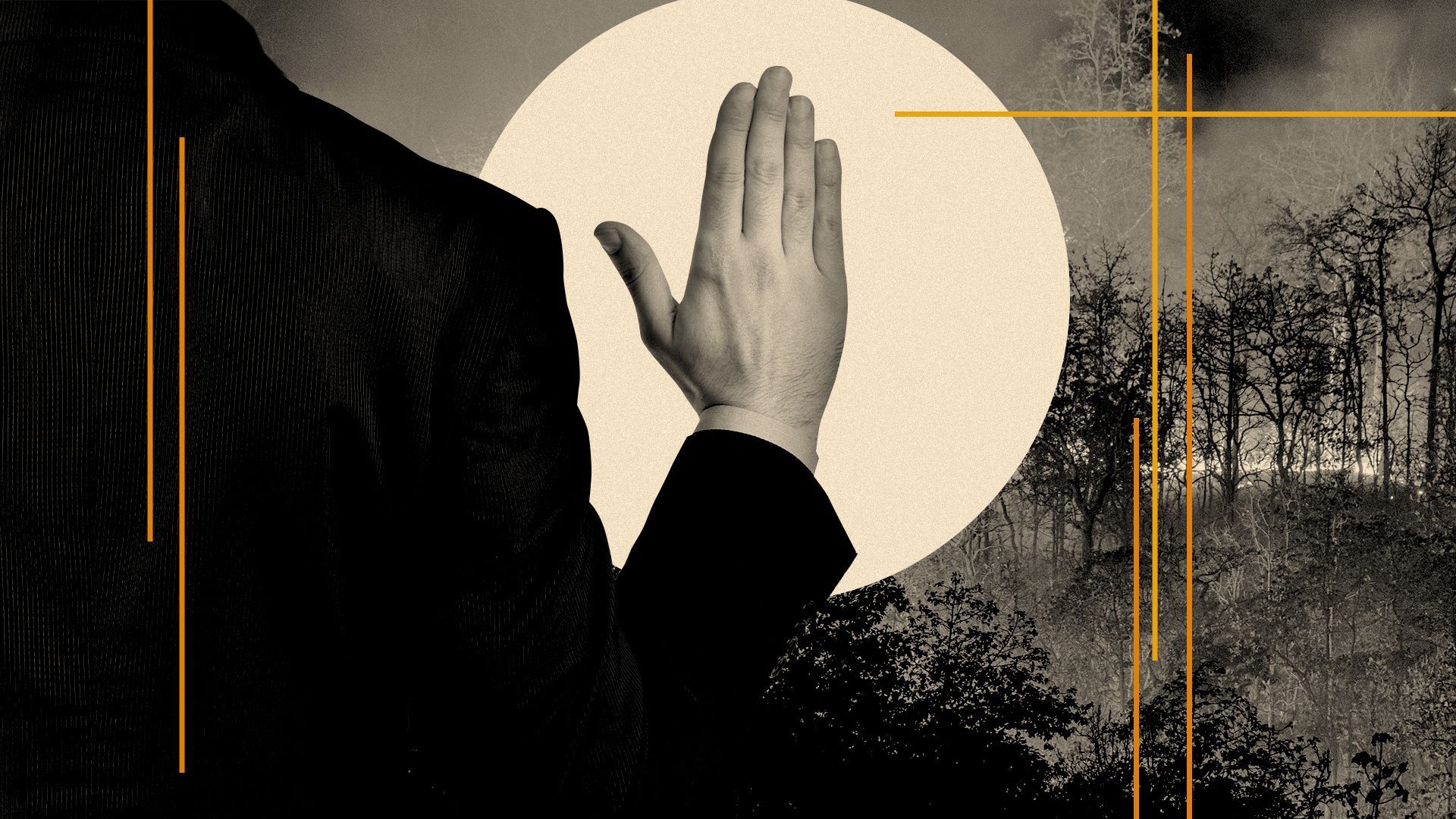 Illustration of a hand raised as if giving a pledge over a background of a burning forest.