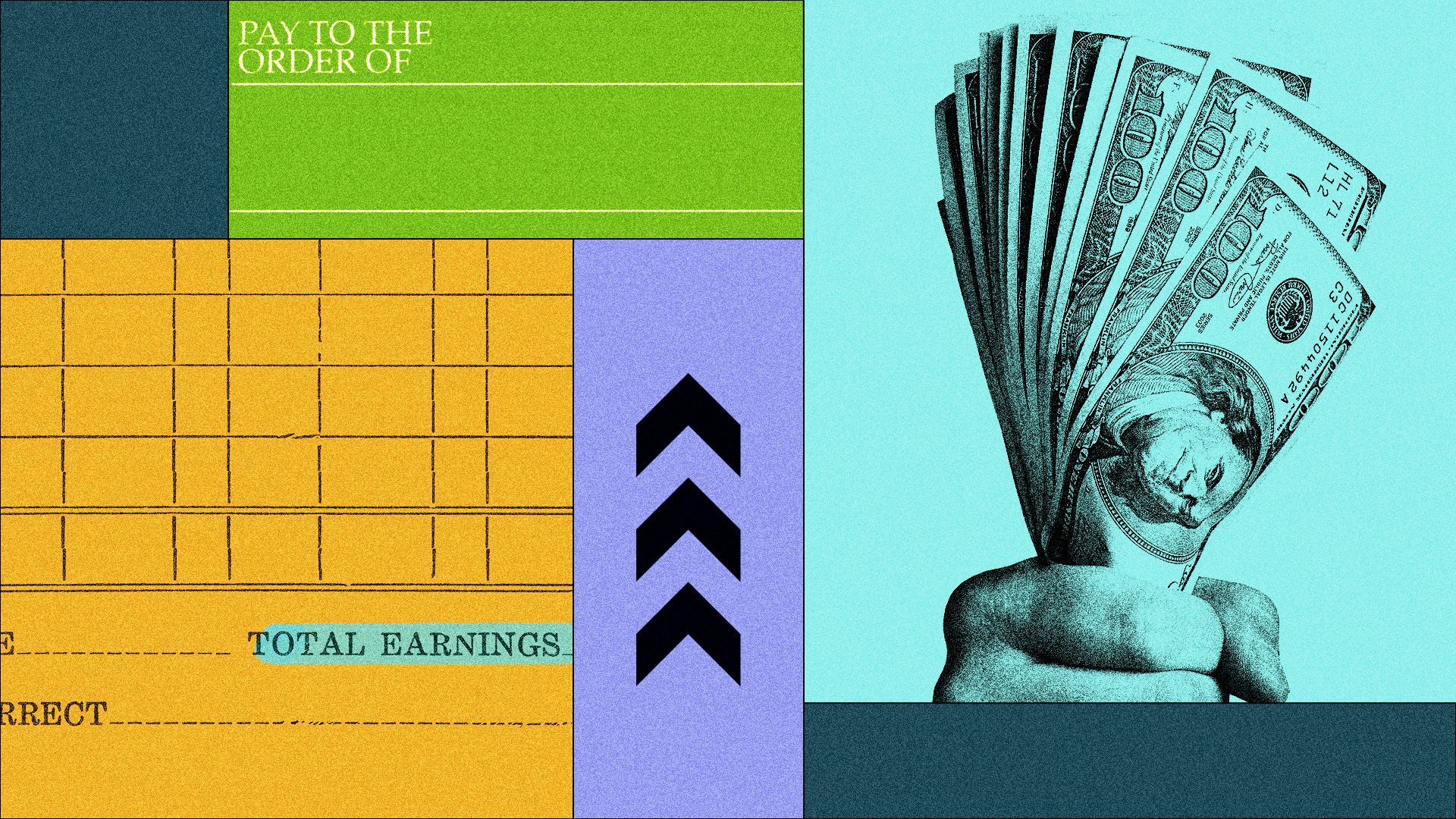 a collage of money, arrows, time sheets and checks