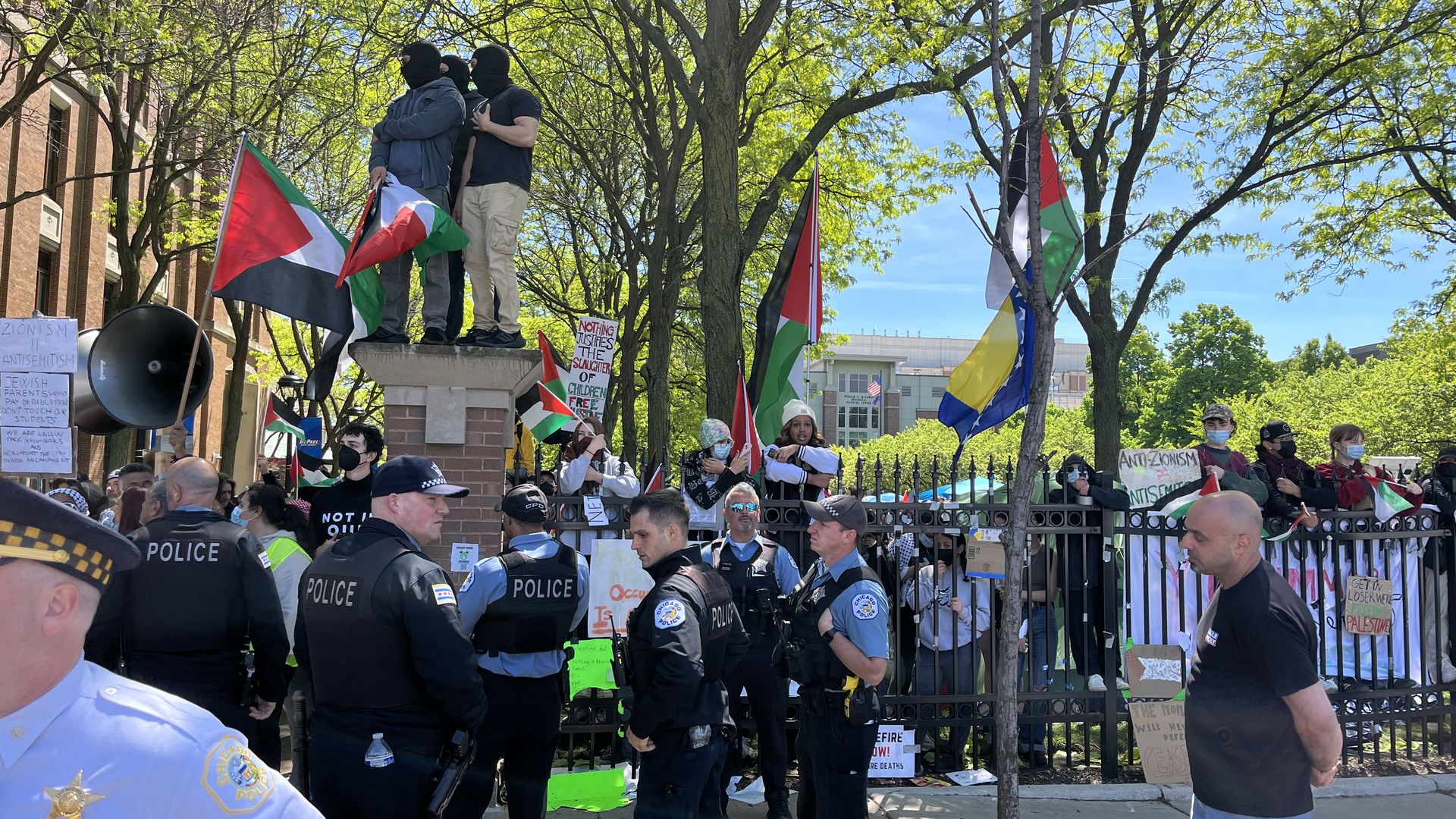 police officers at a university with palestinian protesters