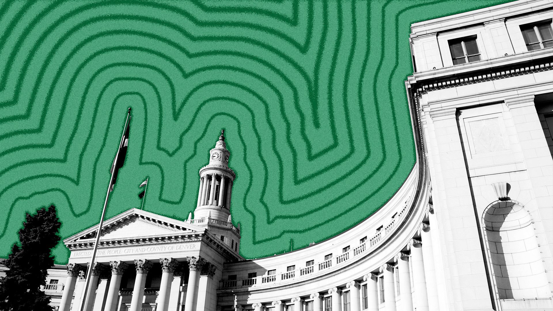 Illustration of the Denver City and County Building with lines radiating from it.