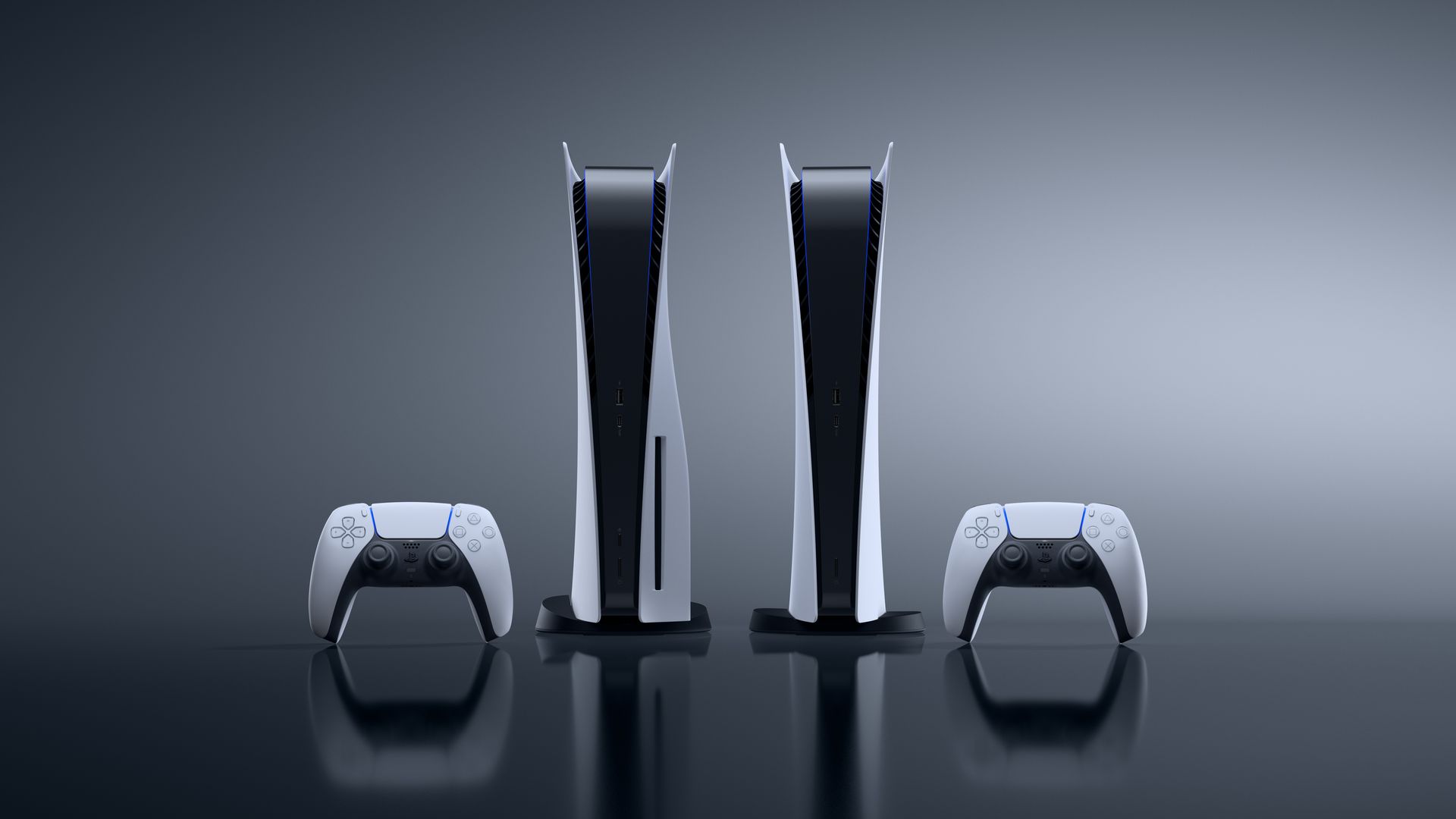 Photo of two PlayStation 5 consoles and their controllers