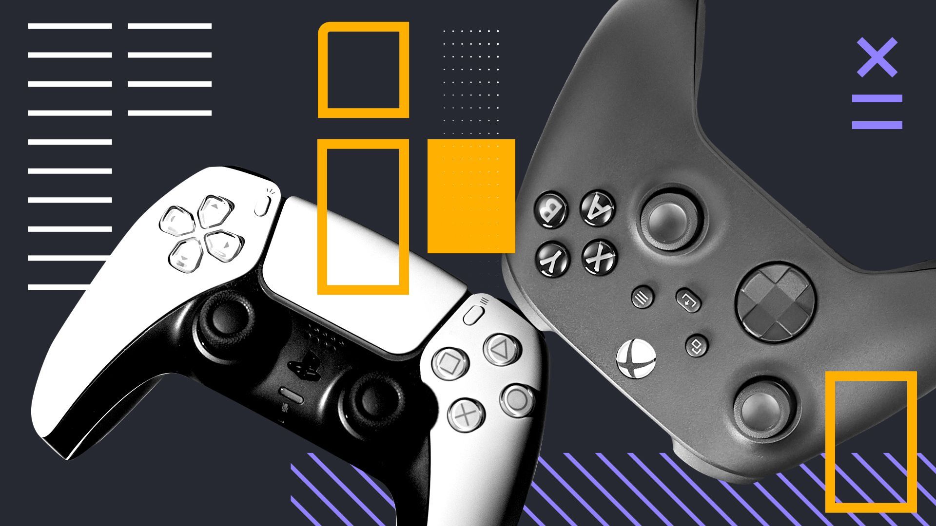 Photo illustration of a PlayStation and XBox controller colliding surrounded by abstract column shapes. 