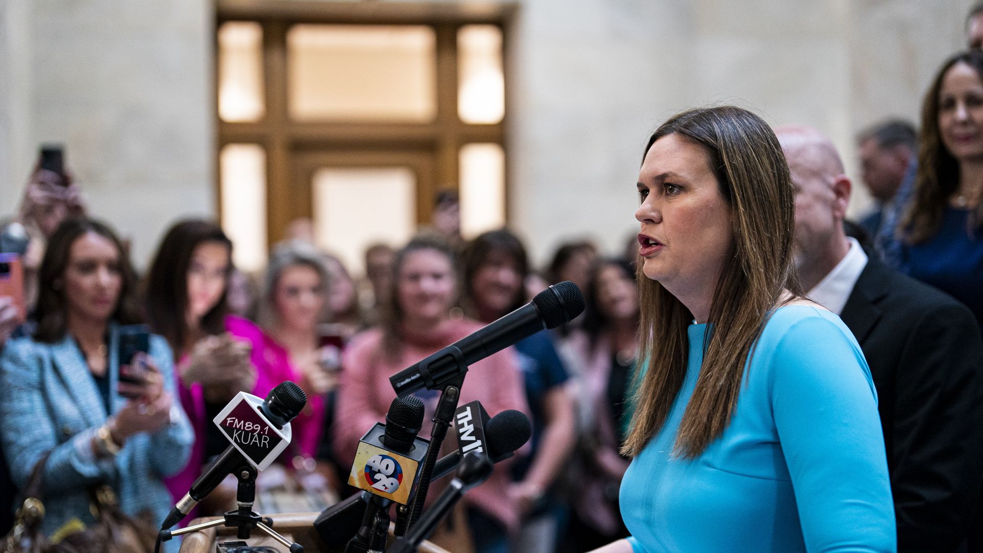 Gov. Sarah Huckabee Sanders unveiling the Arkansas LEARNS education bill at the Arkansas State Capitol on Feb. 8, 2023.