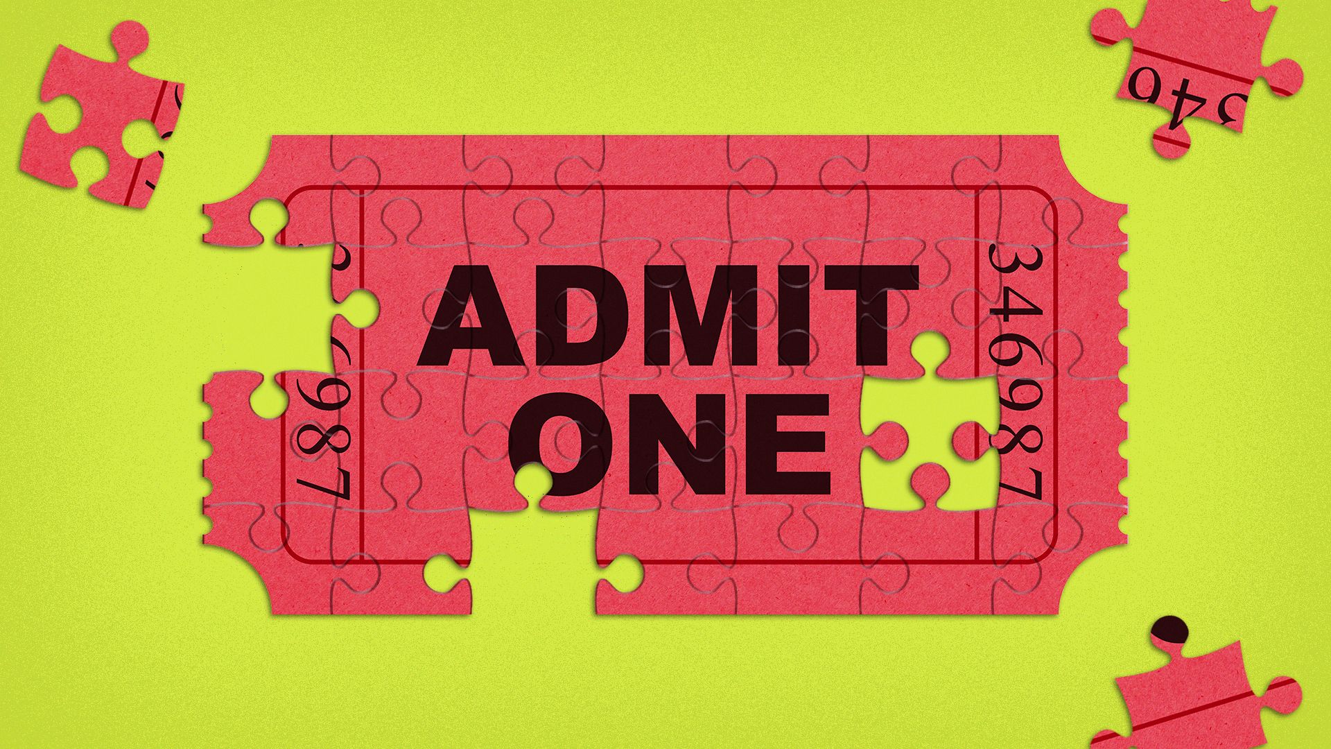 Illustration of an "admit one" ticket as a puzzle with a few pieces removed.