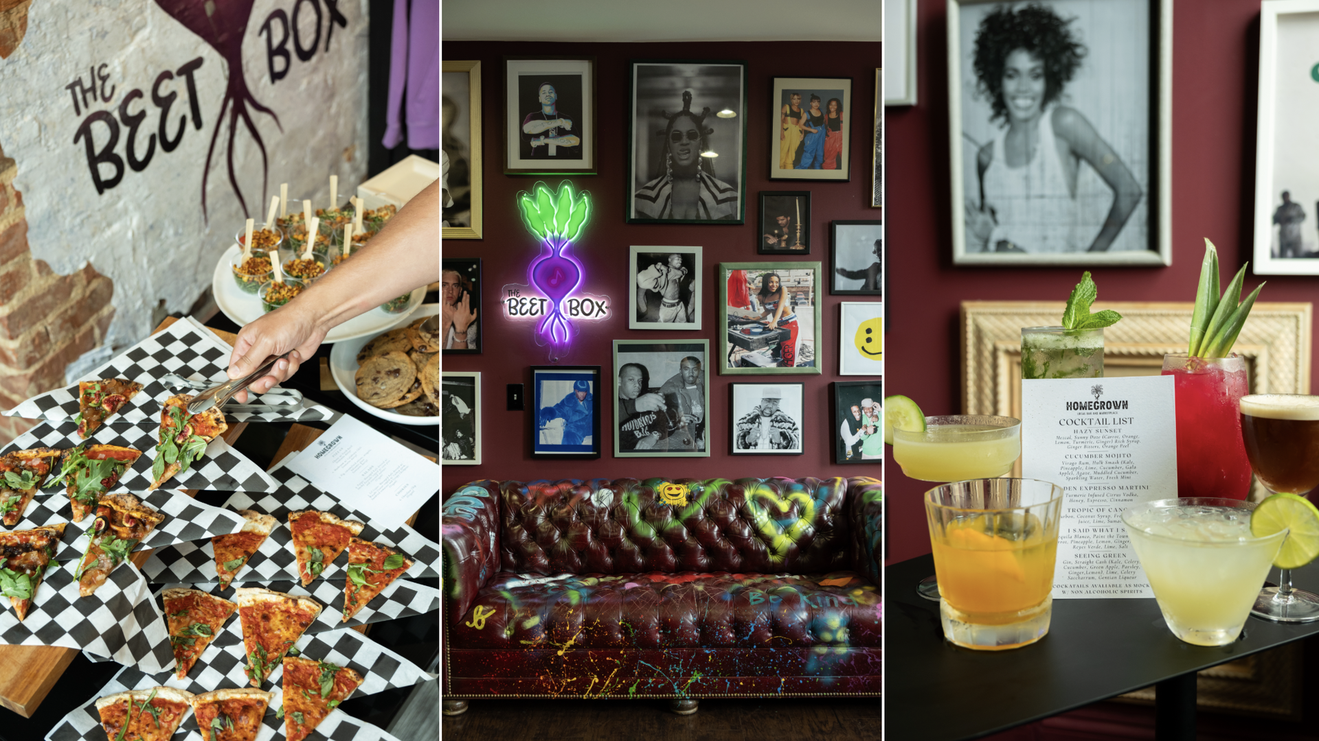 Three images showing a hand picking pizza slices from a tray with "The Beet Box" wall art, a colorful graffiti couch and photo wall with neon beet sign, and a table with six vibrant cocktails and a menu.