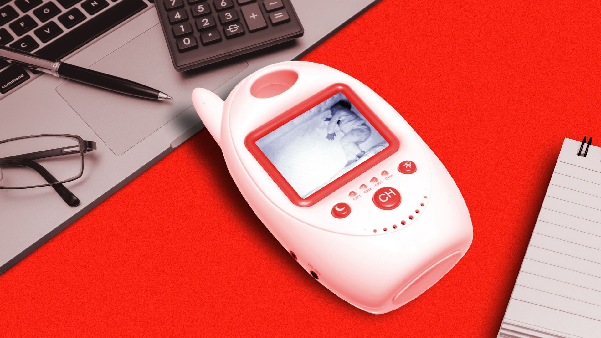 Illustration of a baby monitor on a busy work desk