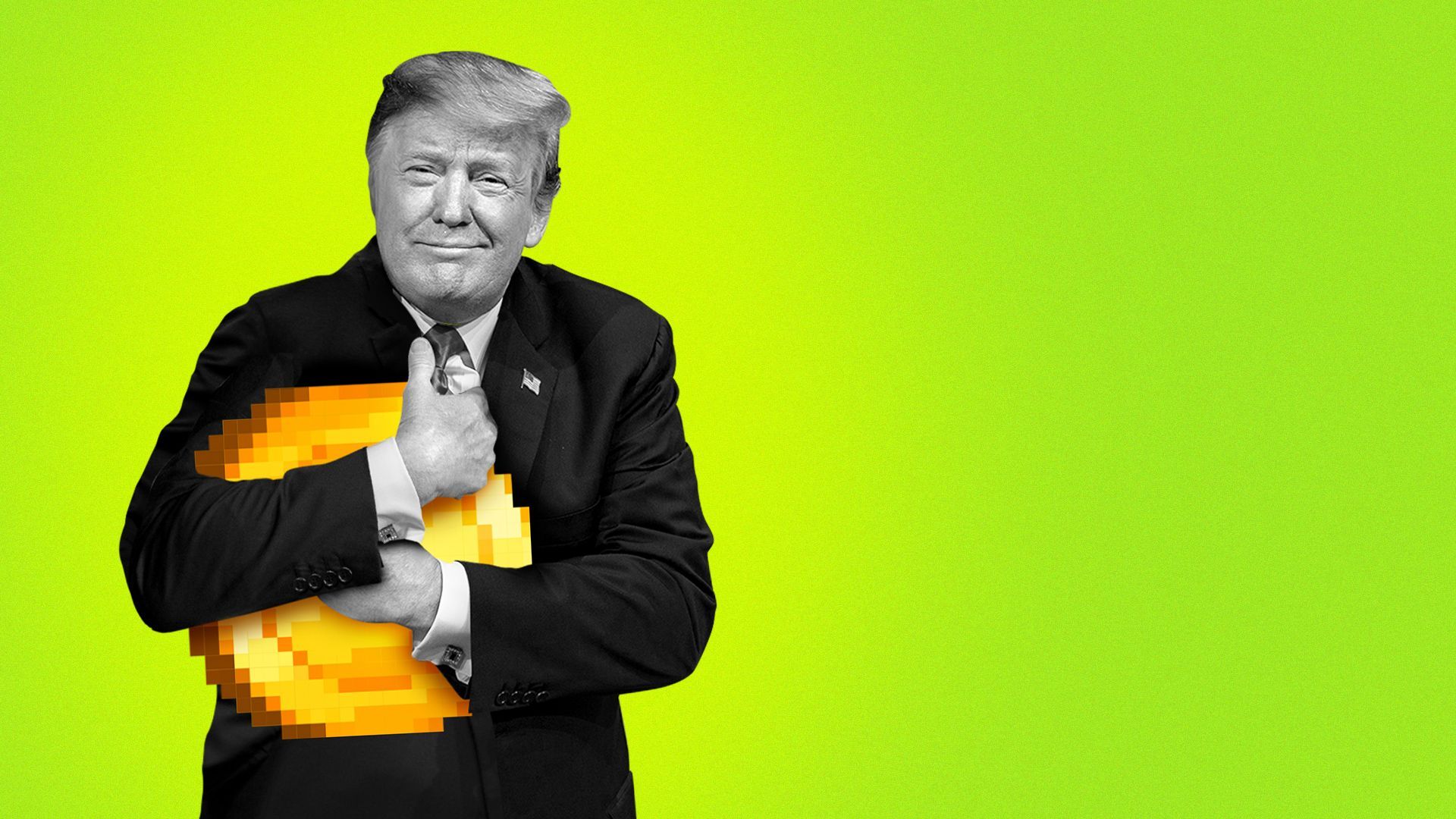 Photo illustration of Donald Trump hugging a golden crypto coin. 