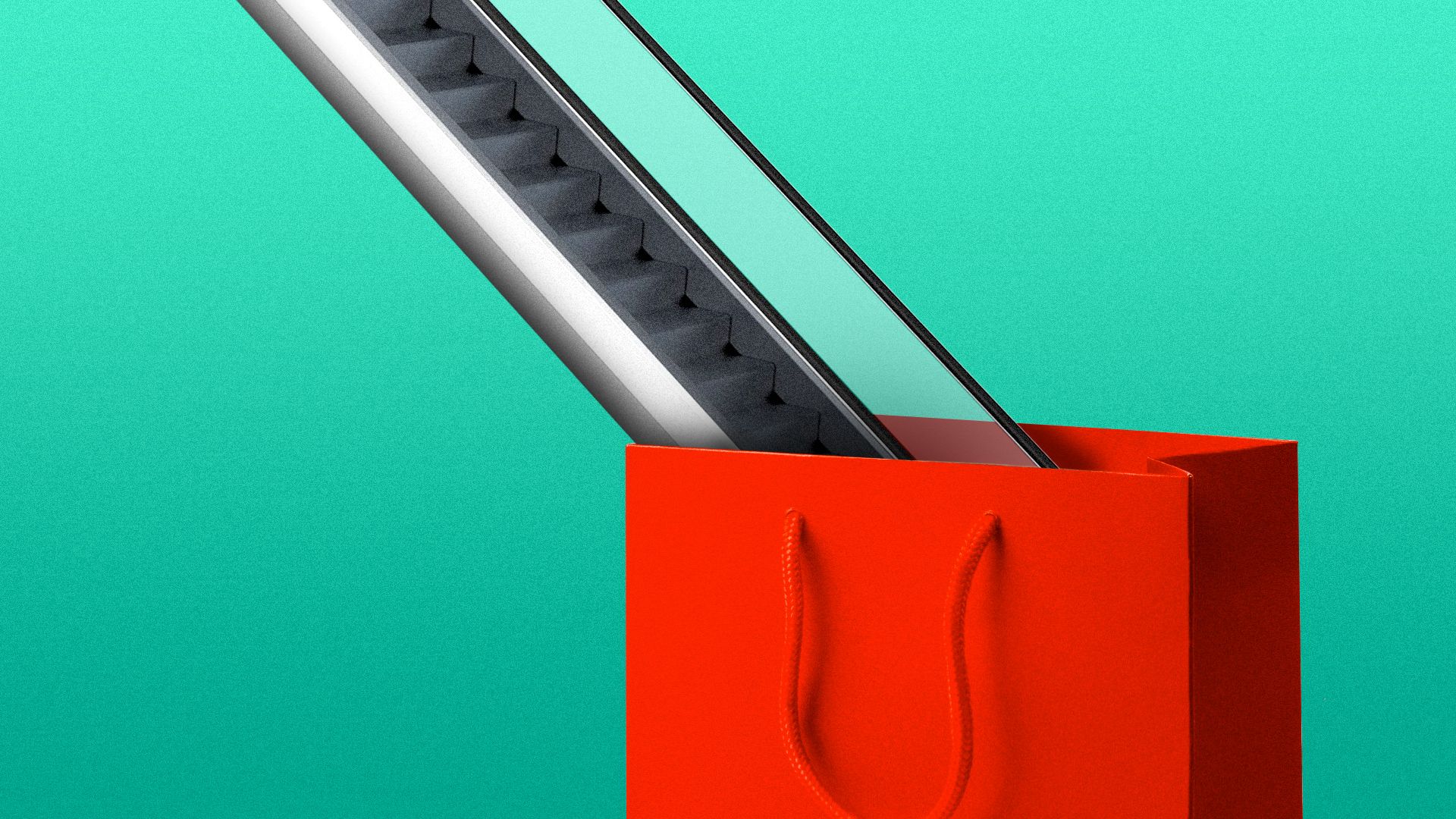 Illustration of an escalator leading up from a shopping bag.