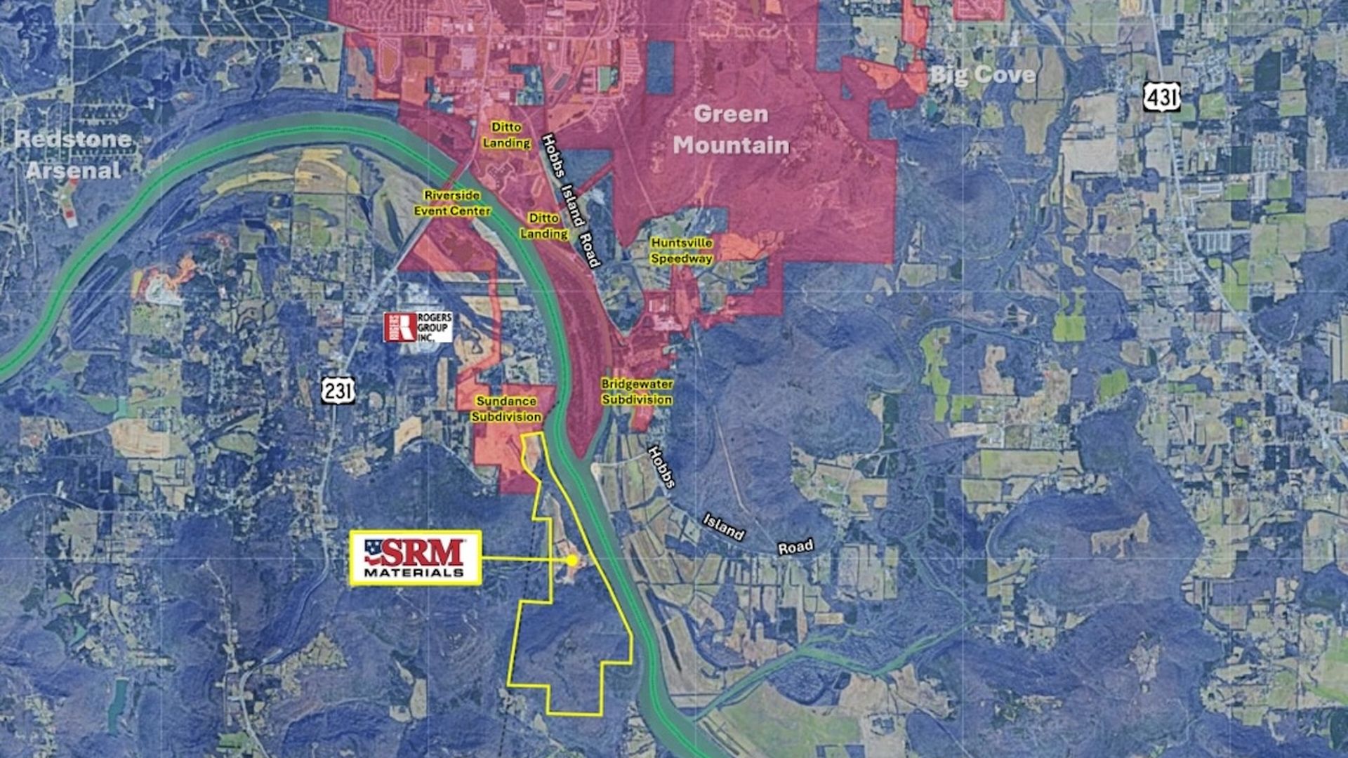 A satellite image overlaid with Huntsville city limits shows the area of a planned 1,014-acre annexation that would put Huntsville city limits into Marshall County for the first time.