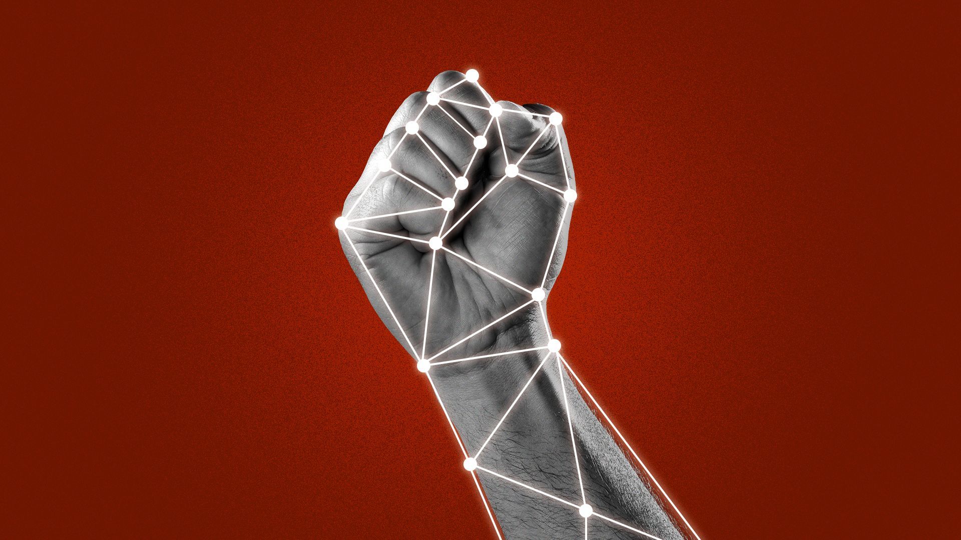 Illustration of a clenched fist with facial recognition wireframes overlayed.