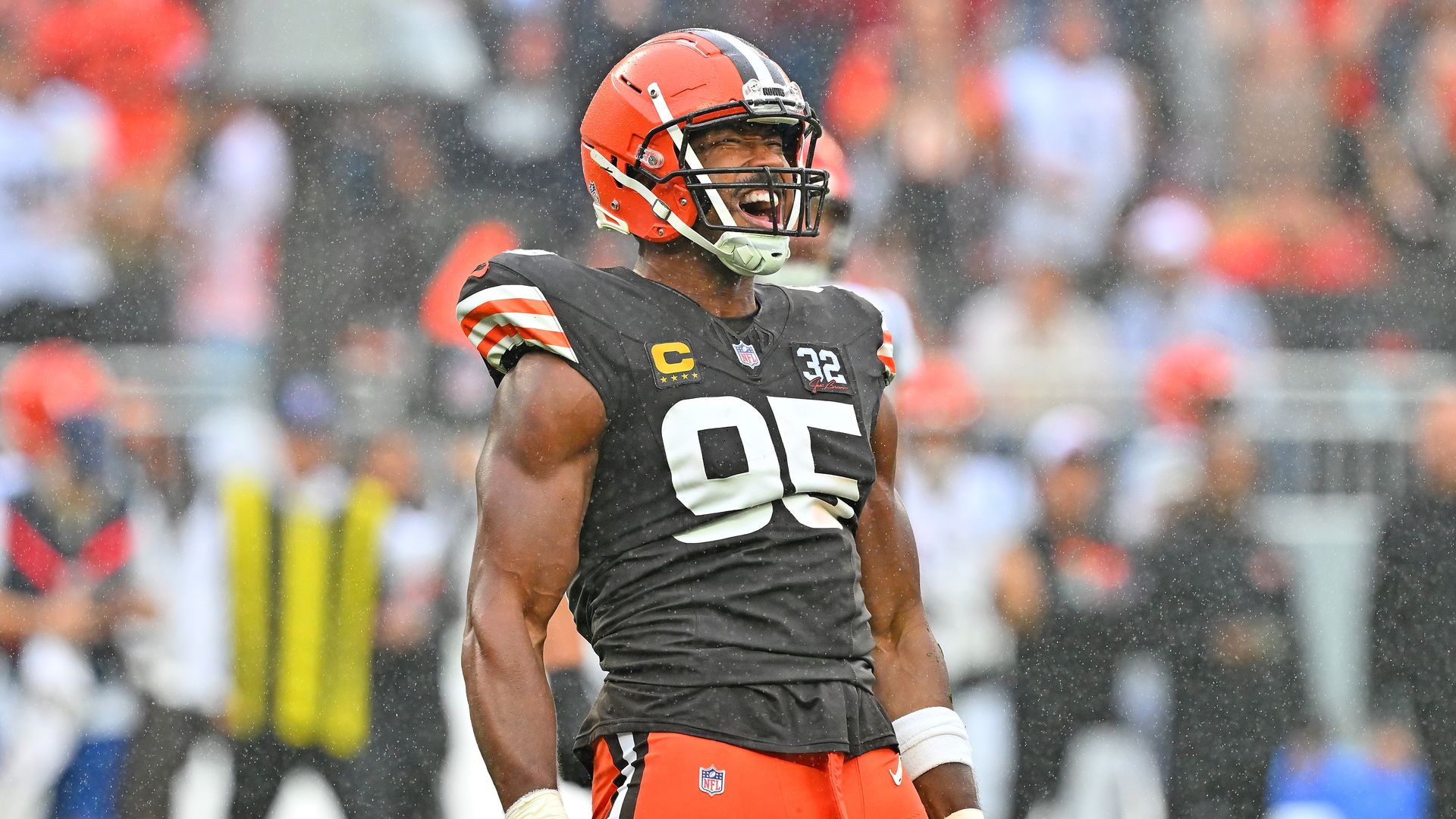 Myles Garrett of the Browns celebrates after a big play. 