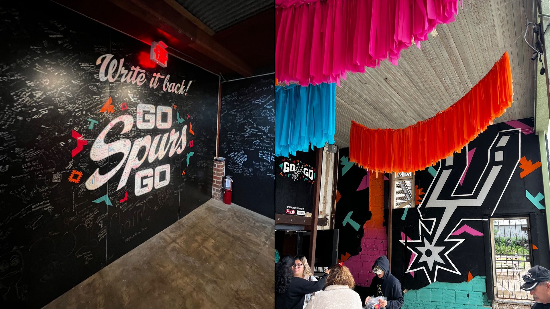 Split view of a colorful mural space: left a black wall covered with signatures and the phrase "Write it back!" plus the graffiti "Go Snow Go"; right pink, blue, and orange streamers hang from a wooden ceiling beside a vibrant wall and small crowd.