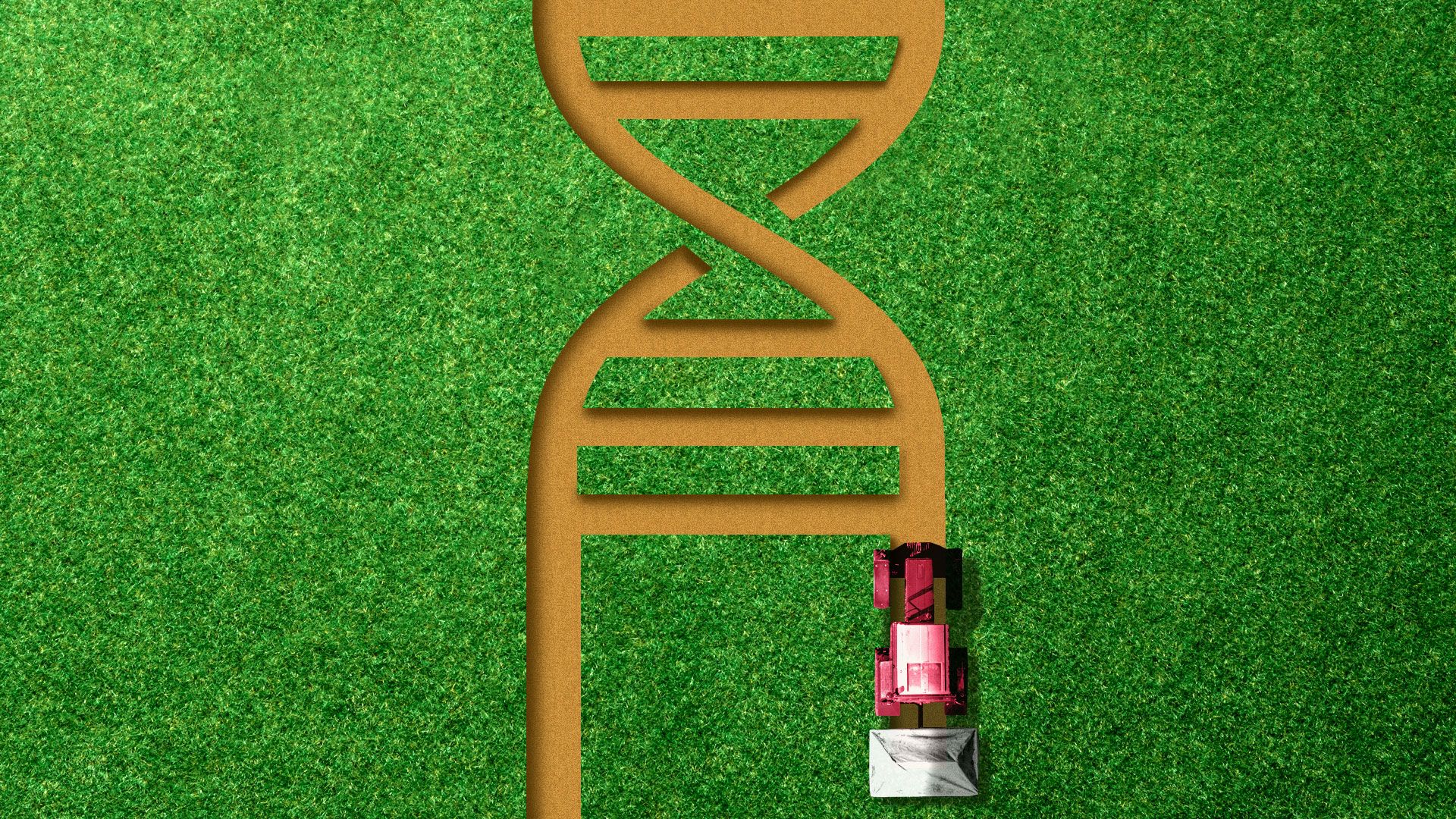 Illustration of harvester cutting a Helix DNA shape into farm land