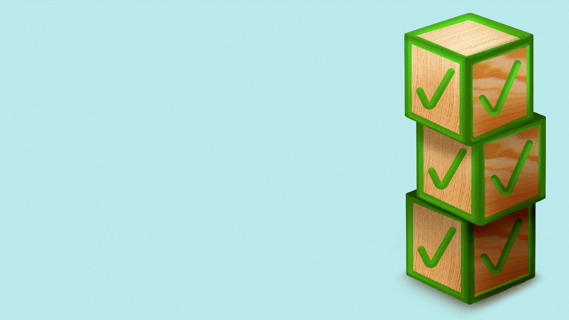 Illustration of a stack of children's wooden blocks with check marks instead of letters.
