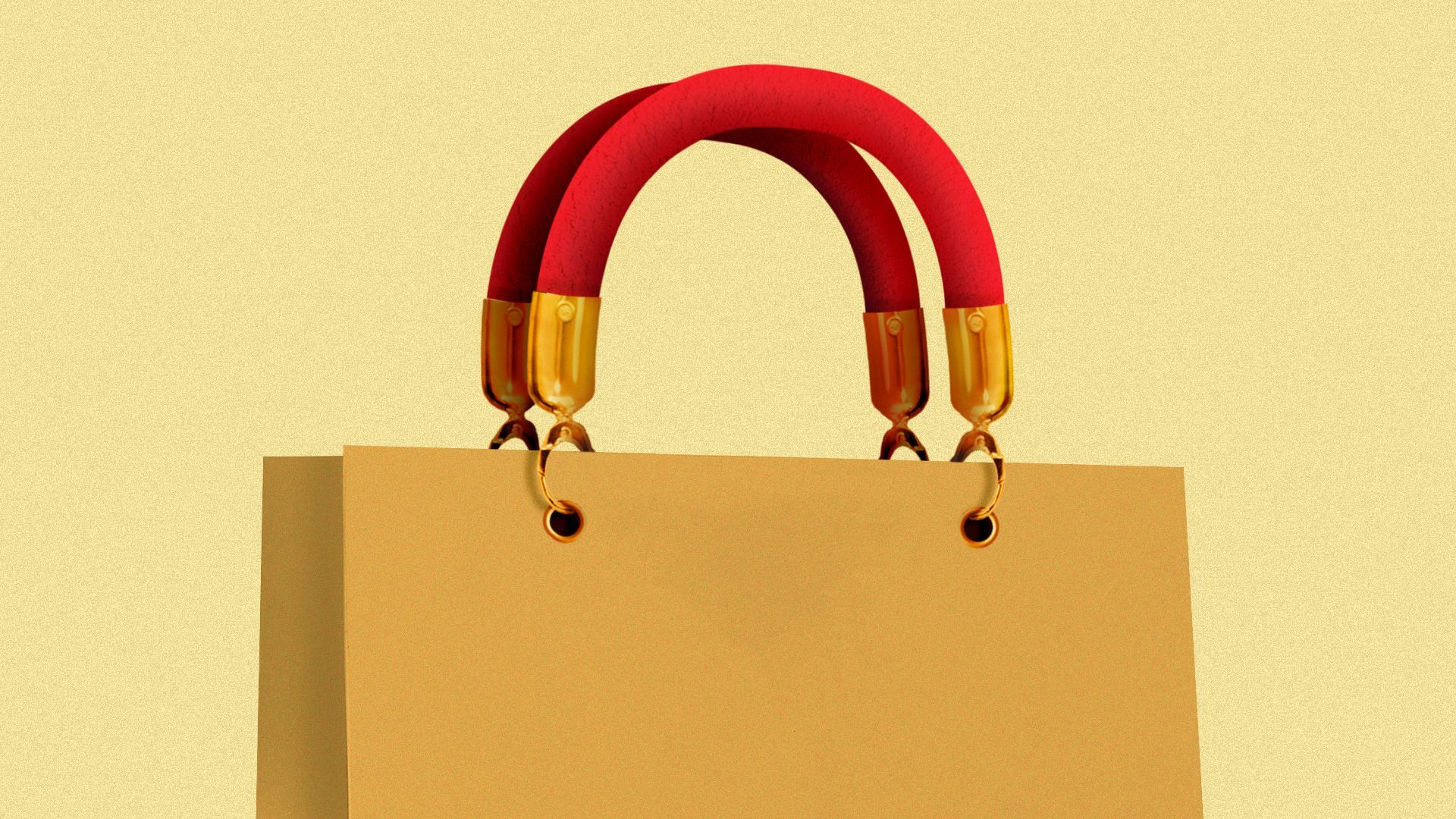 an illustration of a paper shopping bag with velvet ropes for handles