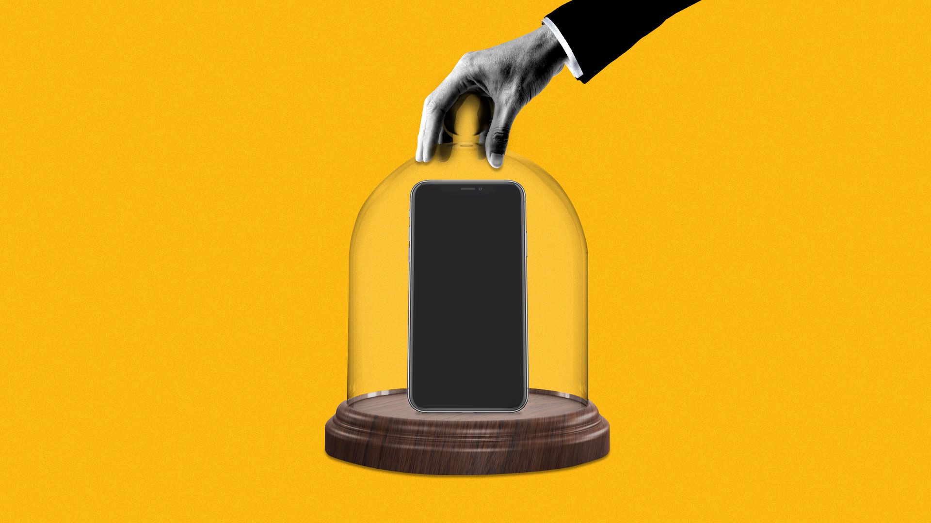 Illustration of suited hand holding glass cloche protecting a phone.