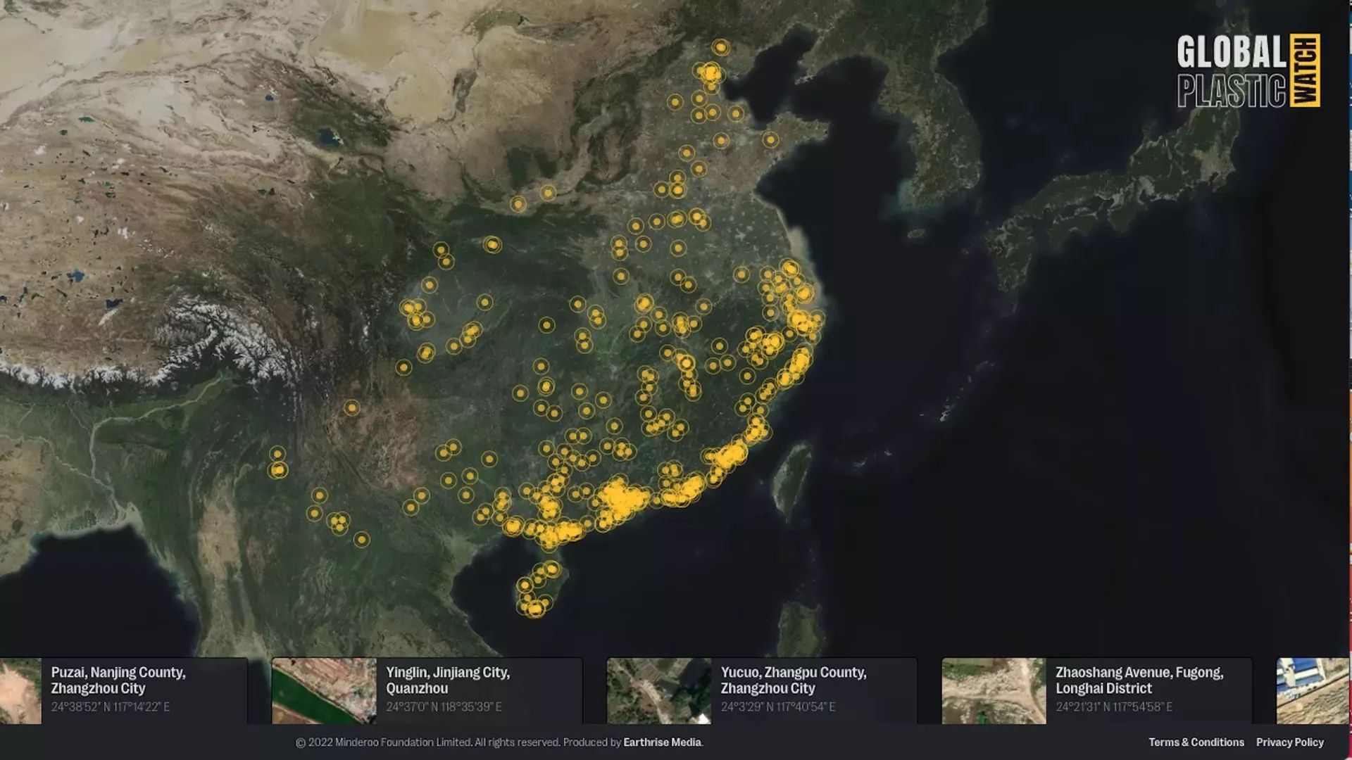 Screenshot of the Global Plastic Watch website's view of plastic waste sites in China. 