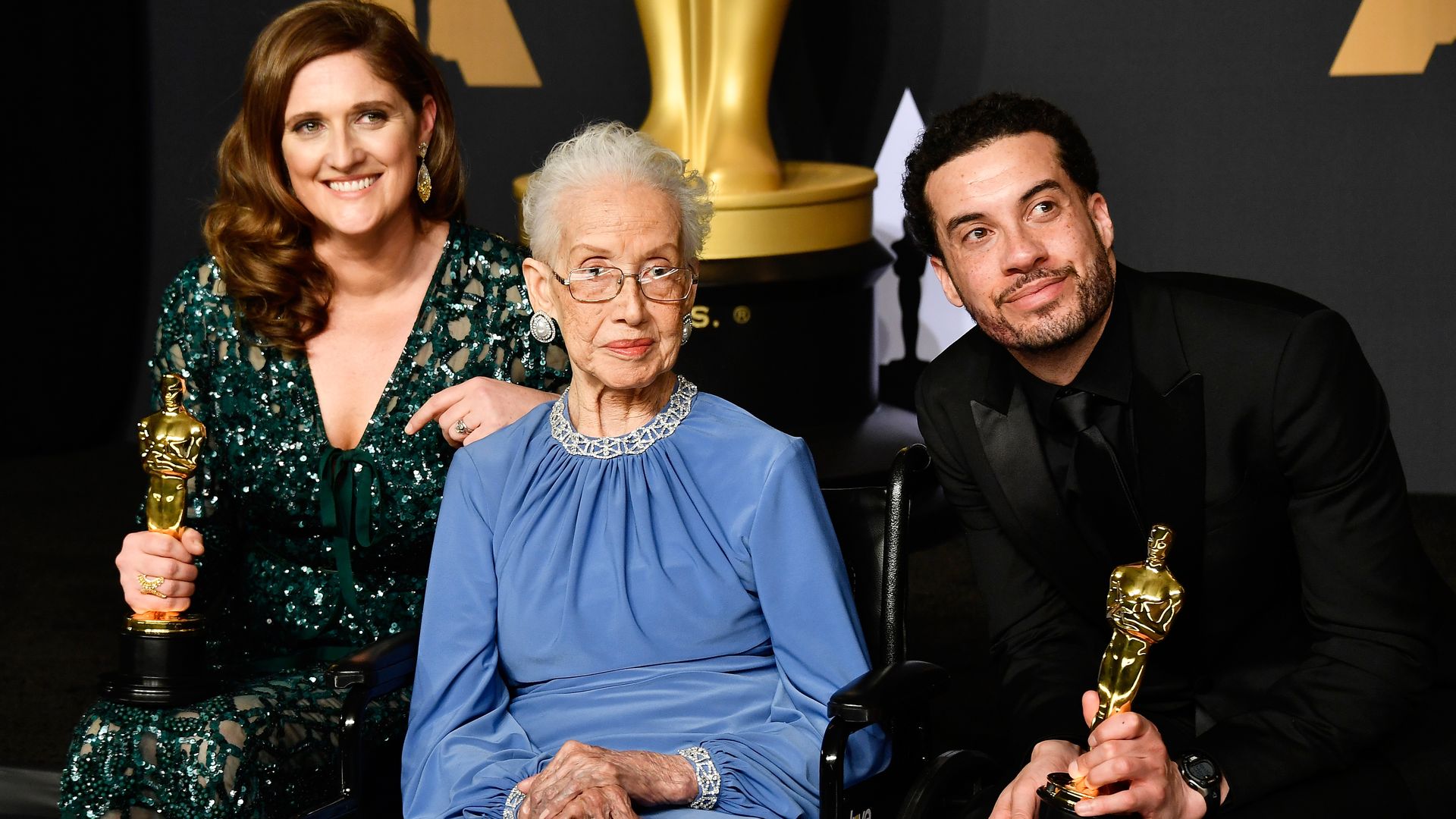 NASA mathematician Katherine Johnson (C) and director Ezra Edelman (R) and producer Caroline Waterlow