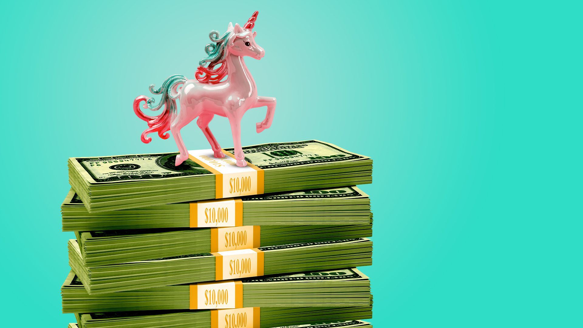 Illustration of a unicorn statue on top of a stack of cash.  