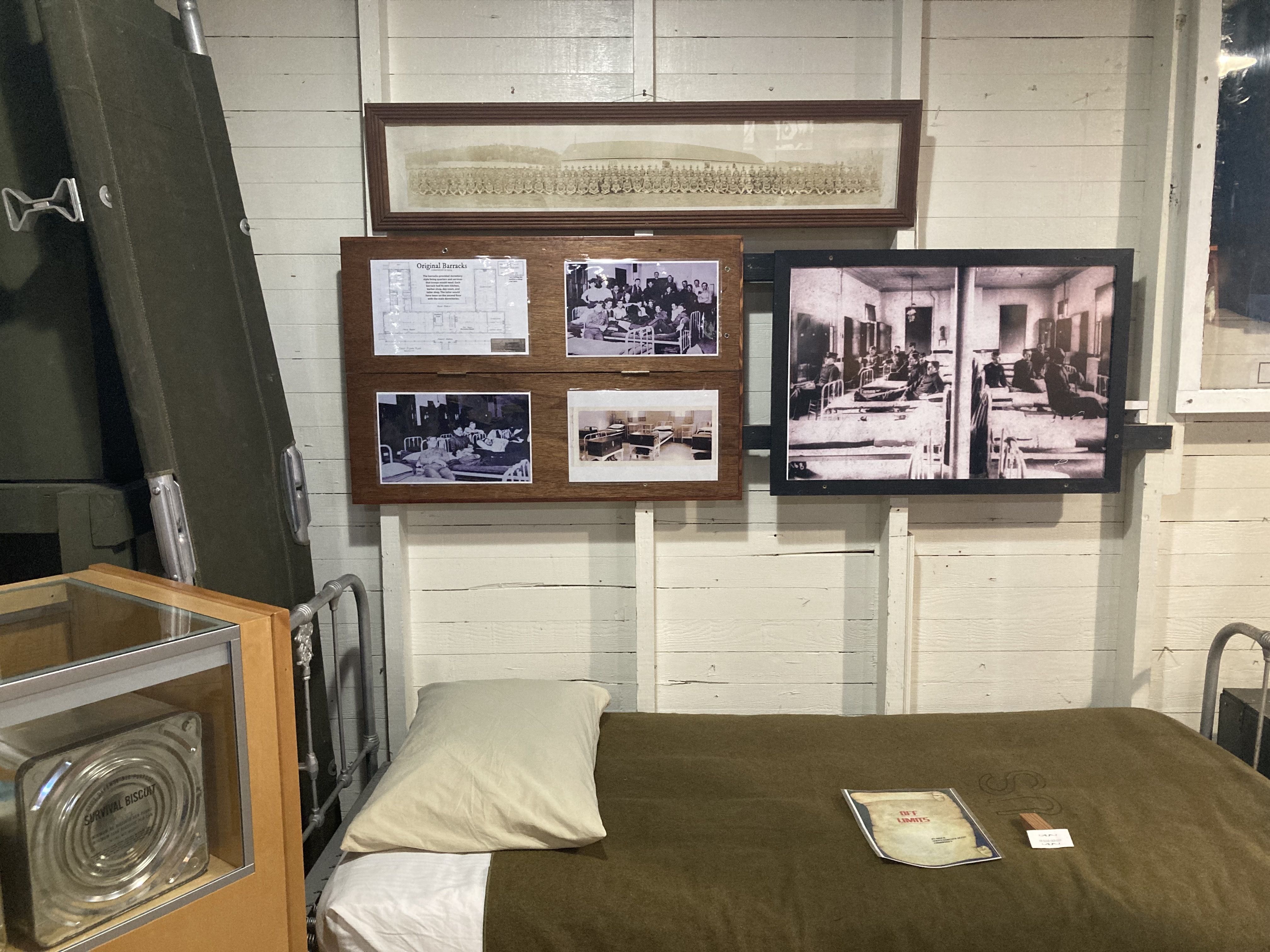 A 100-year-old cot and military memorabilia are on display at the Fort Flagler museum. 